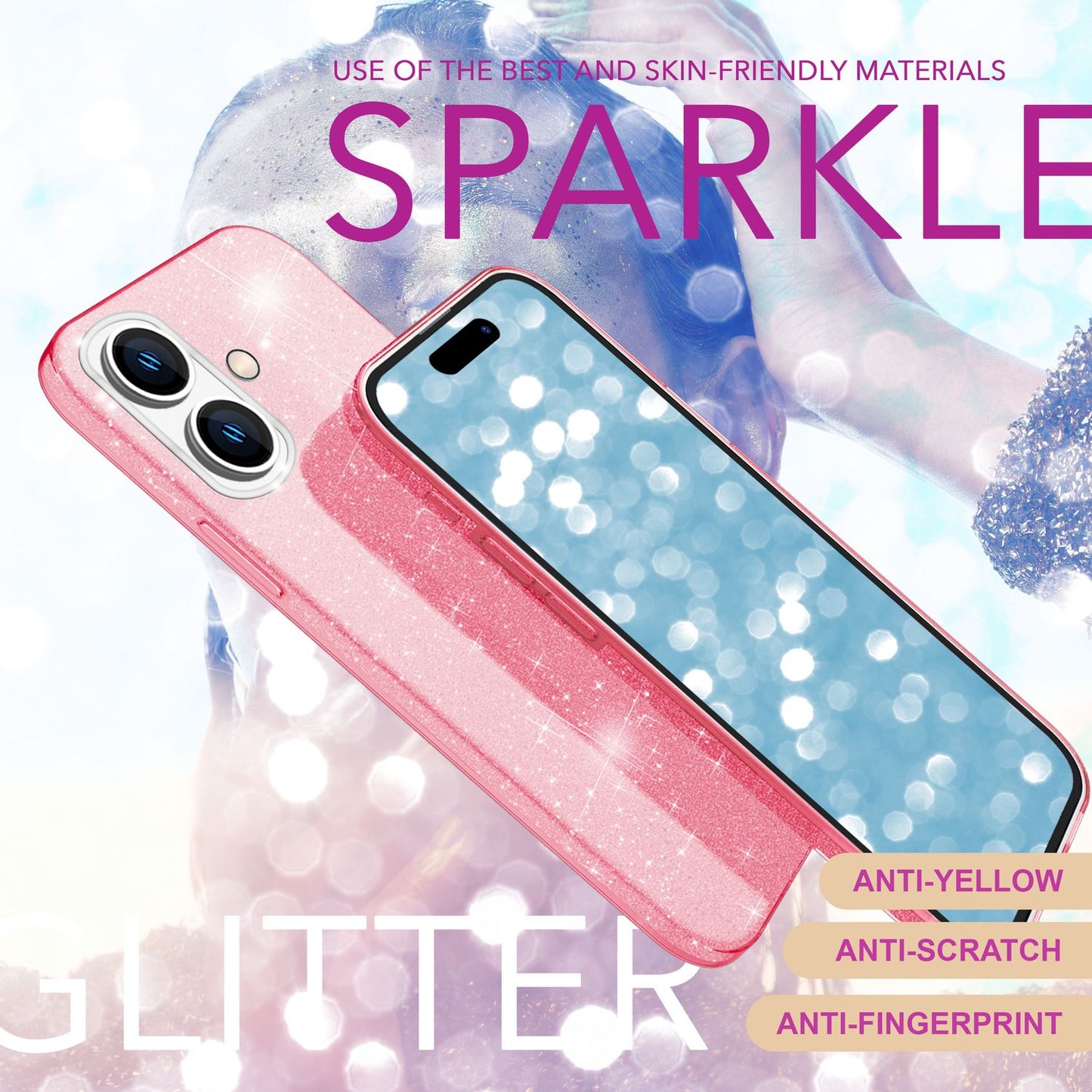 NALIA Glitzerhülle für iPhone 16 Plus – Funkelnder Glitzer-Look & Grip – SHINEPOP (Silikon Case) – Marke aus Berlin