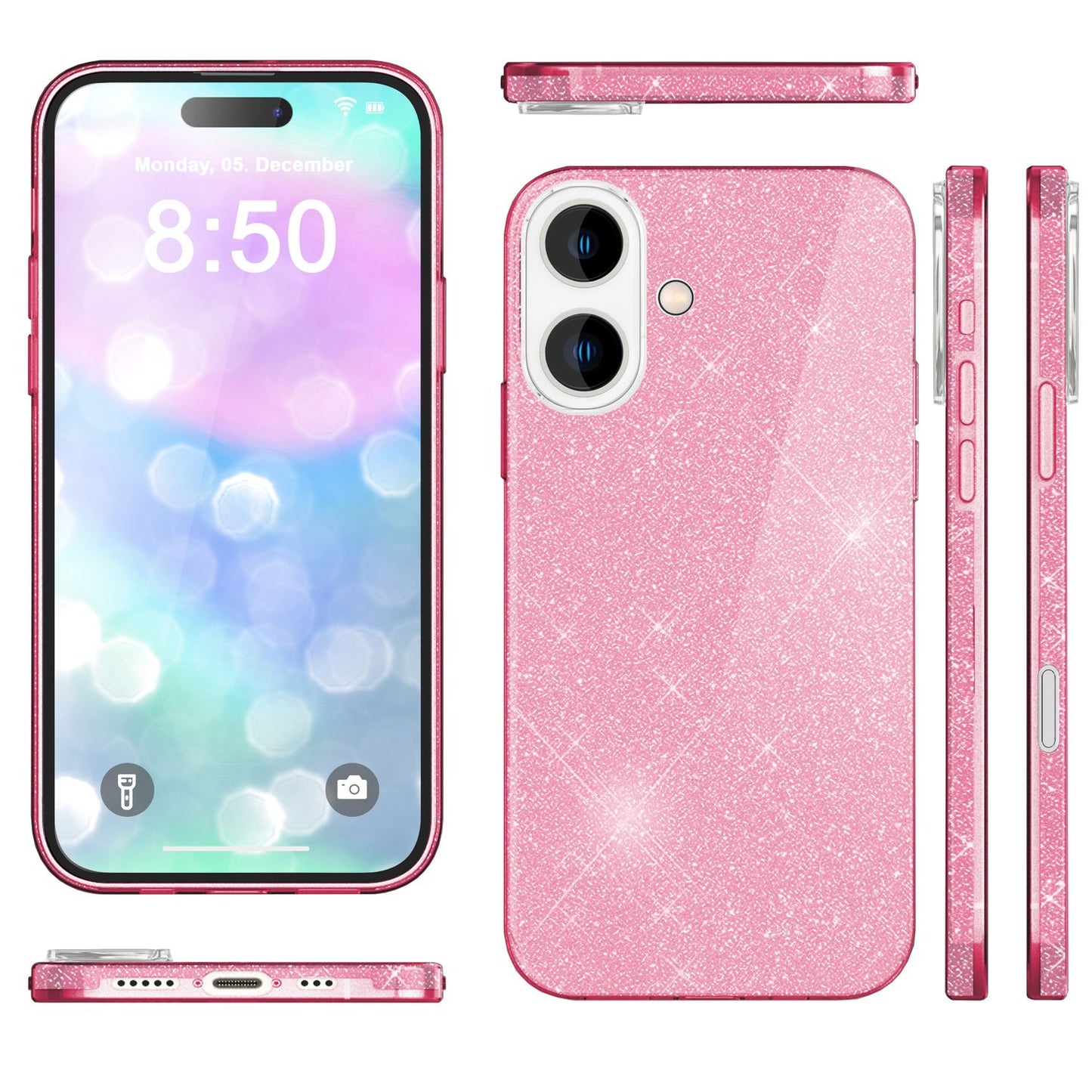 NALIA Glitzerhülle für iPhone 16 Plus – Funkelnder Glitzer-Look & Grip – SHINEPOP (Silikon Case) – Marke aus Berlin