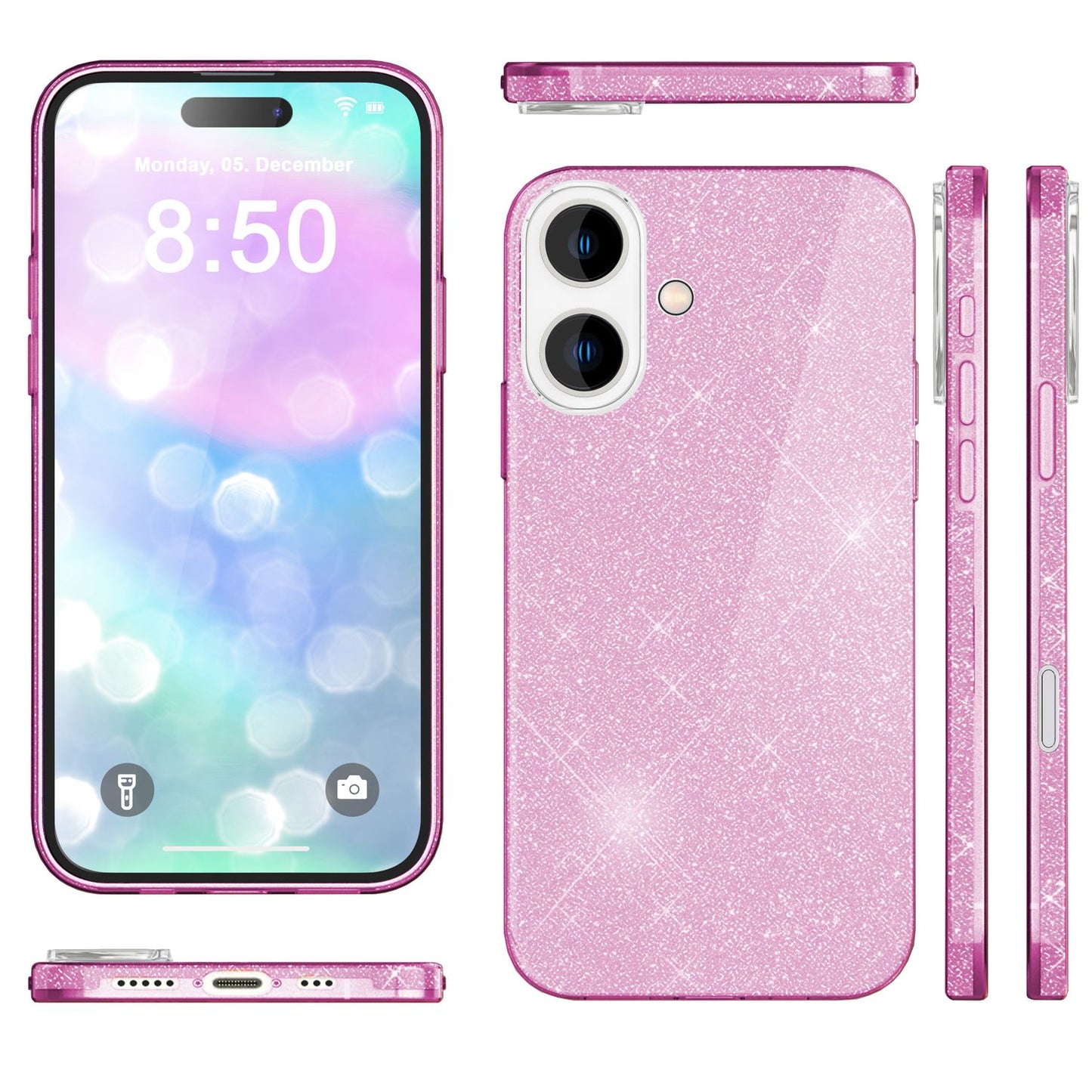 NALIA Glitzerhülle für iPhone 16 Plus – Funkelnder Glitzer-Look & Grip – SHINEPOP (Silikon Case) – Marke aus Berlin