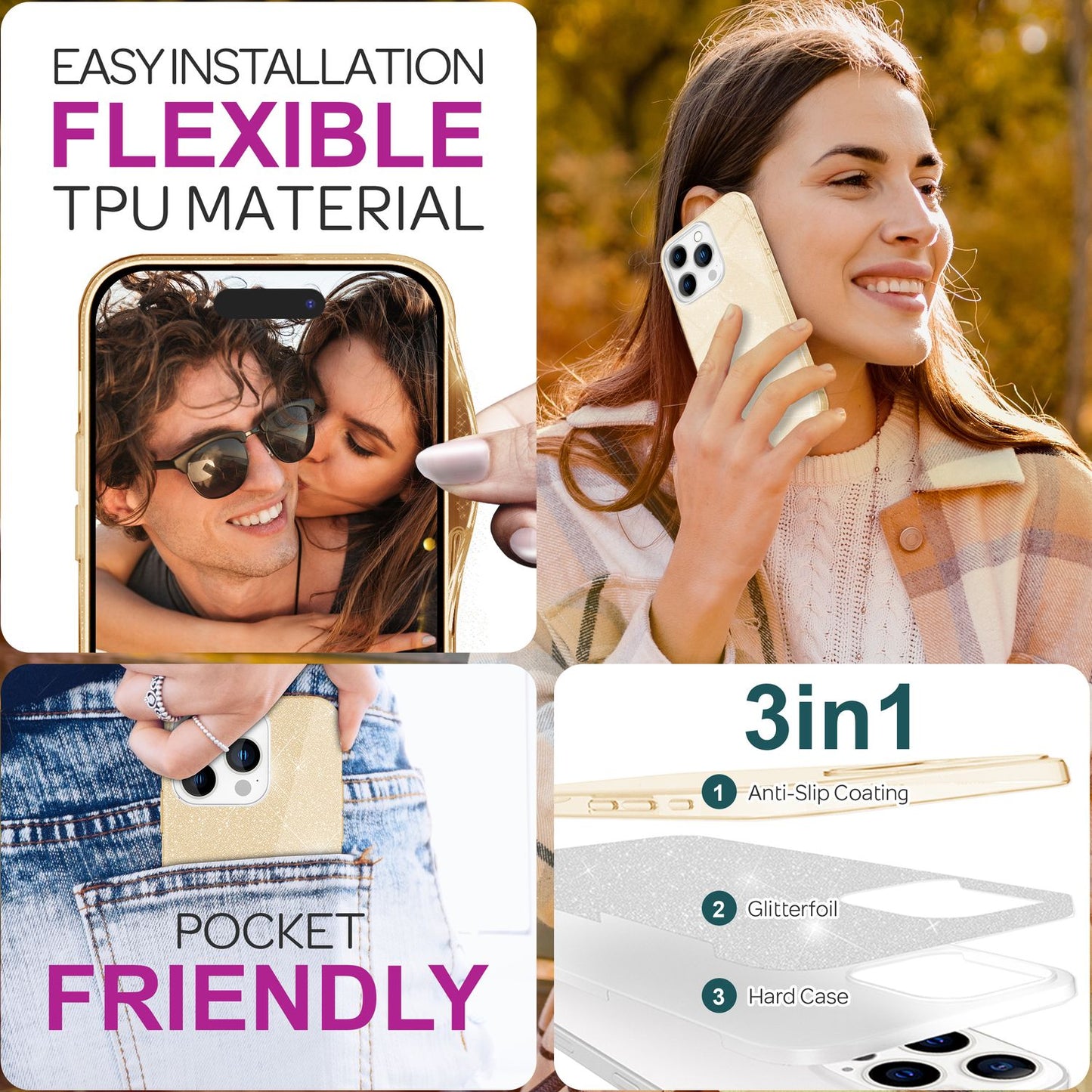 NALIA Glitzerhülle für iPhone 16 Pro – Funkelnder Glitzer-Look & Grip – SHINEPOP (Silikon Case) – Marke aus Berlin