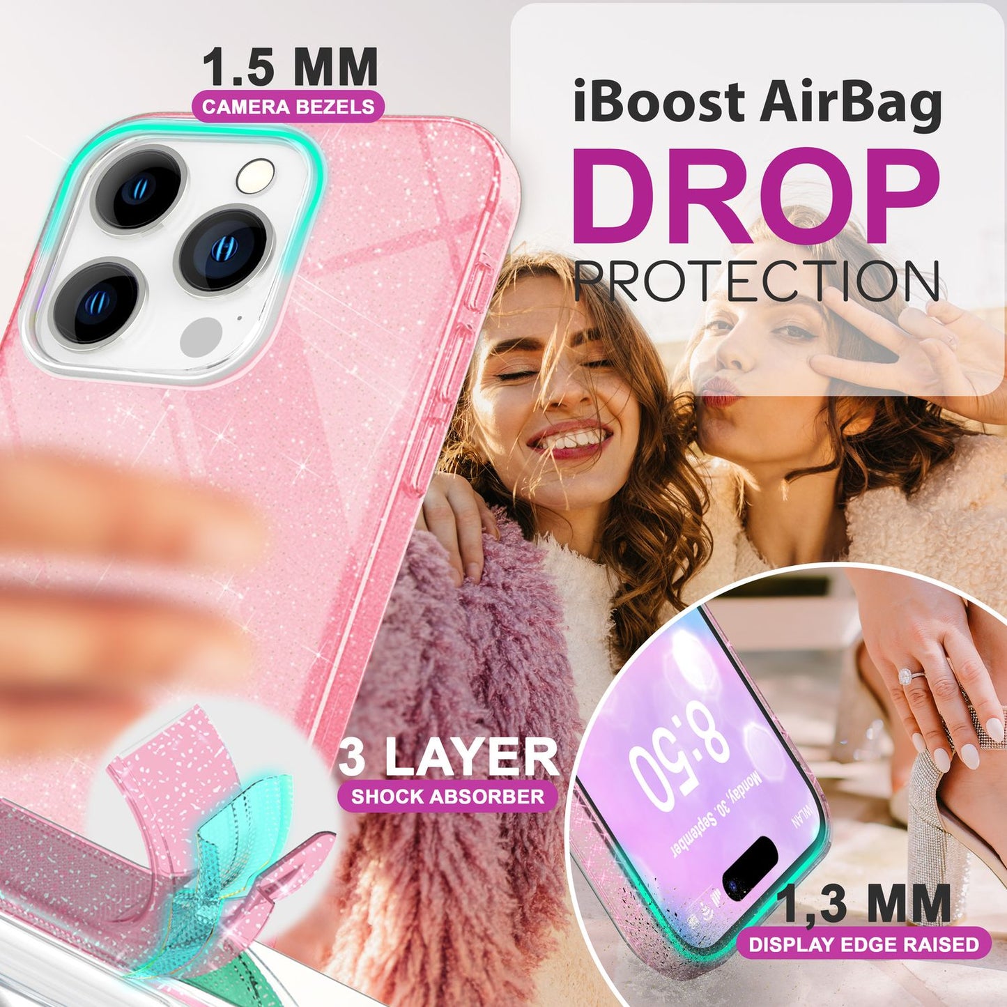 NALIA Glitzerhülle für iPhone 16 Pro – Funkelnder Glitzer-Look & Grip – SHINEPOP (Silikon Case) – Marke aus Berlin