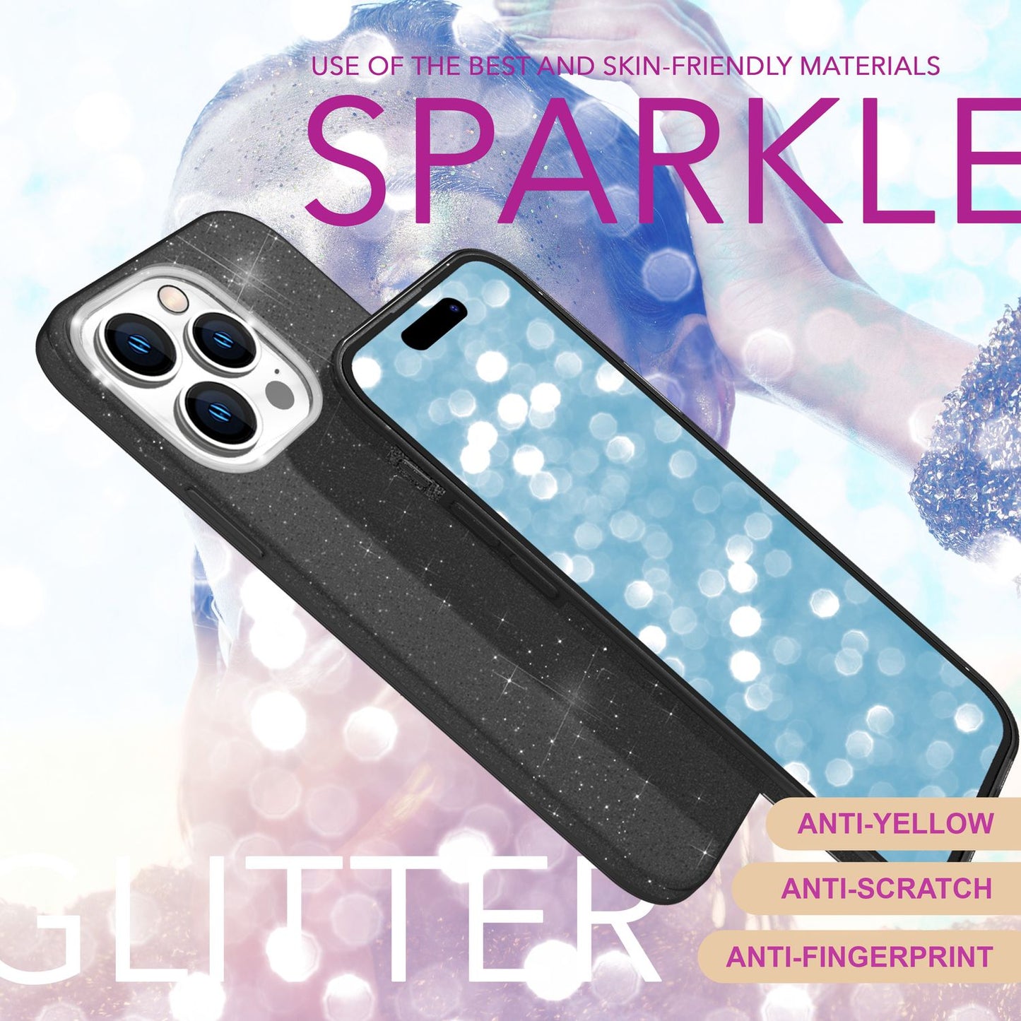NALIA Glitzerhülle für iPhone 16 Pro – Funkelnder Glitzer-Look & Grip – SHINEPOP (Silikon Case) – Marke aus Berlin