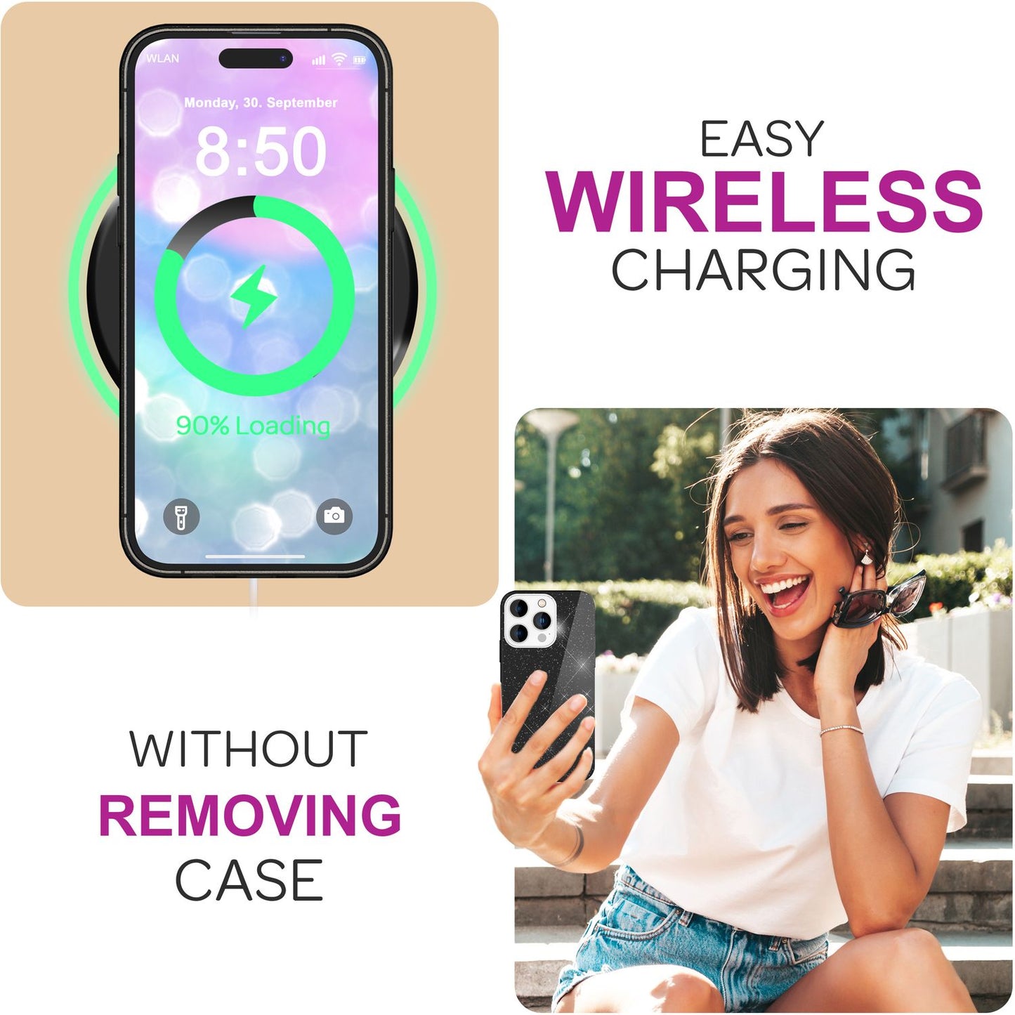 NALIA Glitzerhülle für iPhone 16 Pro – Funkelnder Glitzer-Look & Grip – SHINEPOP (Silikon Case) – Marke aus Berlin
