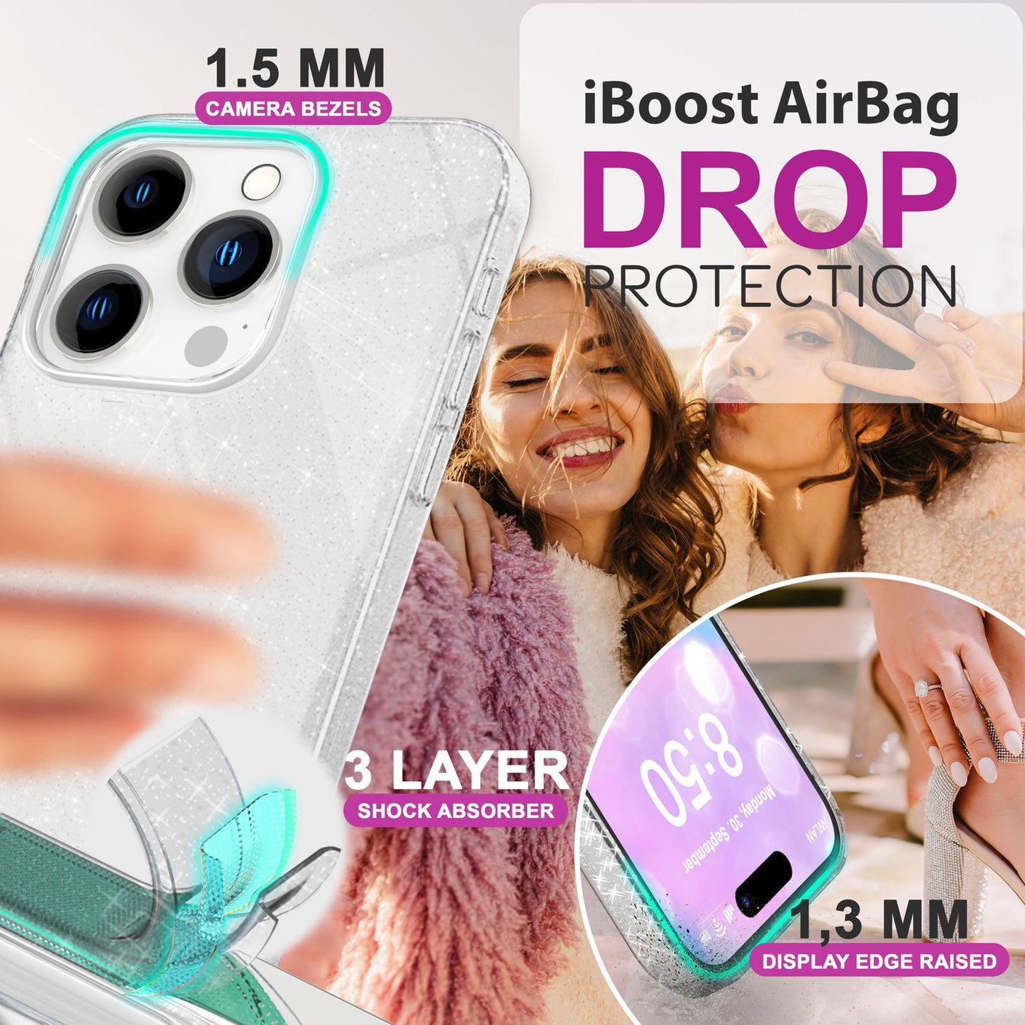 NALIA Glitzerhülle für iPhone 16 Pro – Funkelnder Glitzer-Look & Grip – SHINEPOP (Silikon Case) – Marke aus Berlin