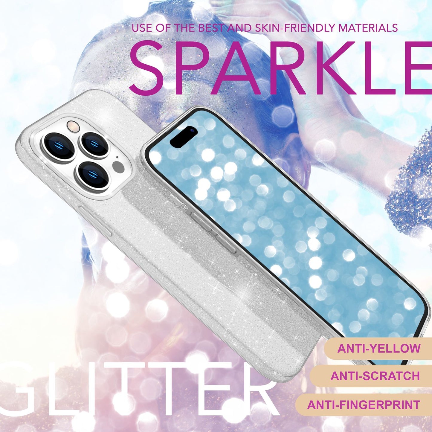 NALIA Glitzerhülle für iPhone 16 Pro – Funkelnder Glitzer-Look & Grip – SHINEPOP (Silikon Case) – Marke aus Berlin