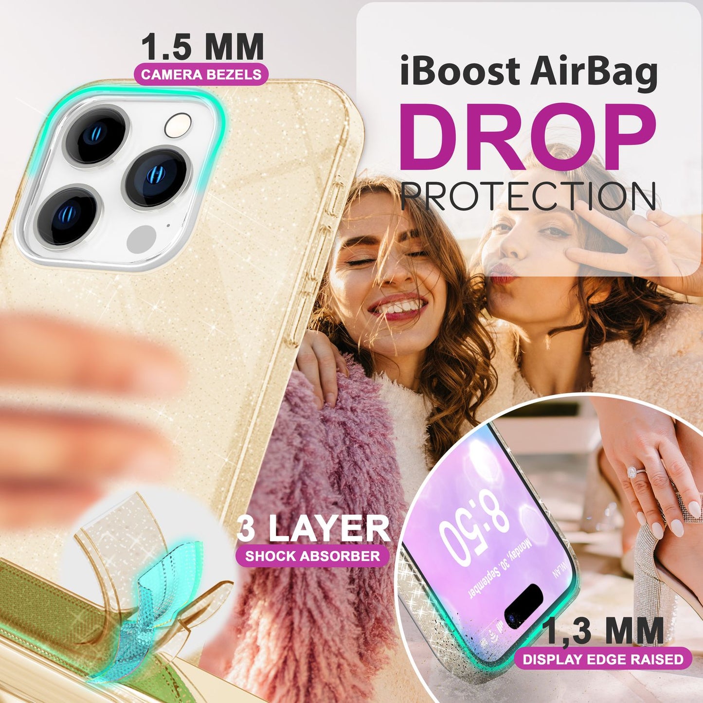 NALIA Glitzerhülle für iPhone 16 Pro Max – Funkelnder Glitzer-Look & Grip – SHINEPOP (Silikon Case) – Marke aus Berlin