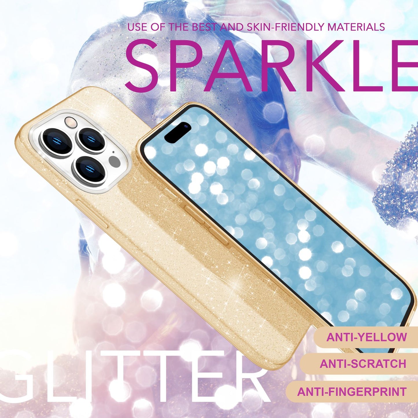 NALIA Glitzerhülle für iPhone 16 Pro Max – Funkelnder Glitzer-Look & Grip – SHINEPOP (Silikon Case) – Marke aus Berlin