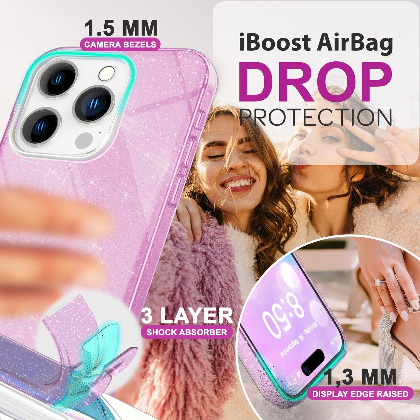 NALIA Glitzerhülle für iPhone 16 Pro Max – Funkelnder Glitzer-Look & Grip – SHINEPOP (Silikon Case) – Marke aus Berlin