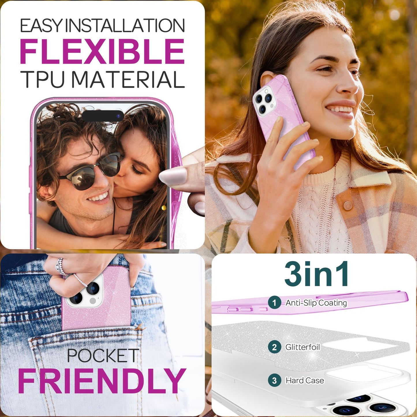 NALIA Glitzerhülle für iPhone 16 Pro Max – Funkelnder Glitzer-Look & Grip – SHINEPOP (Silikon Case) – Marke aus Berlin