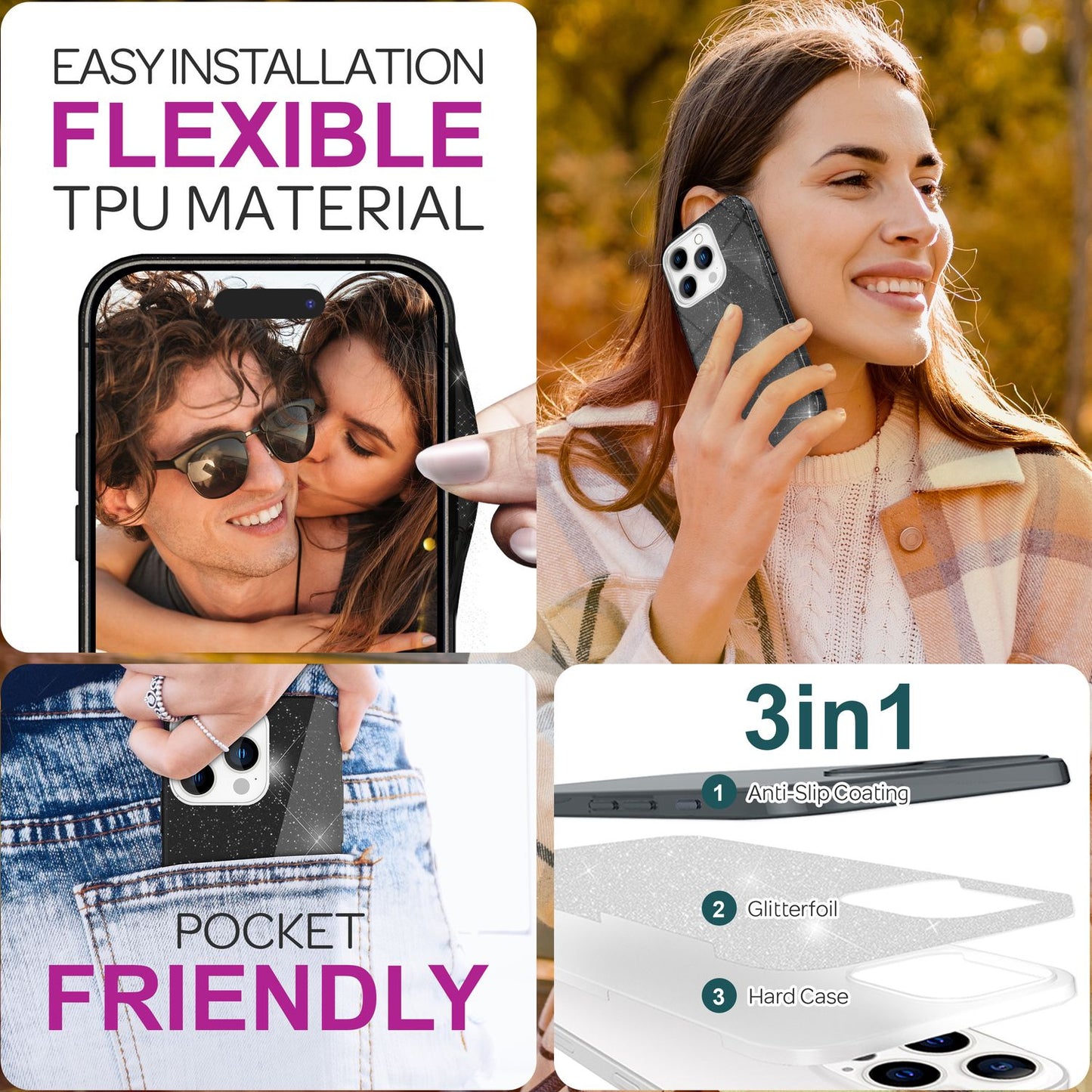 NALIA Glitzerhülle für iPhone 16 Pro Max – Funkelnder Glitzer-Look & Grip – SHINEPOP (Silikon Case) – Marke aus Berlin