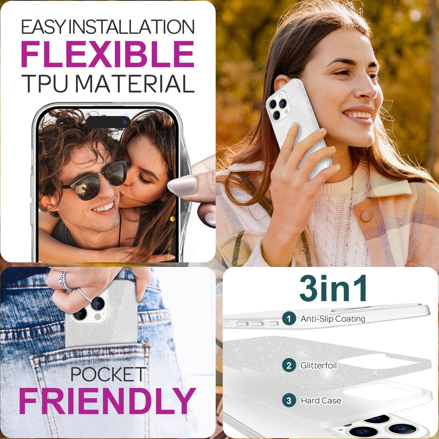 NALIA Glitzerhülle für iPhone 16 Pro Max – Funkelnder Glitzer-Look & Grip – SHINEPOP (Silikon Case) – Marke aus Berlin