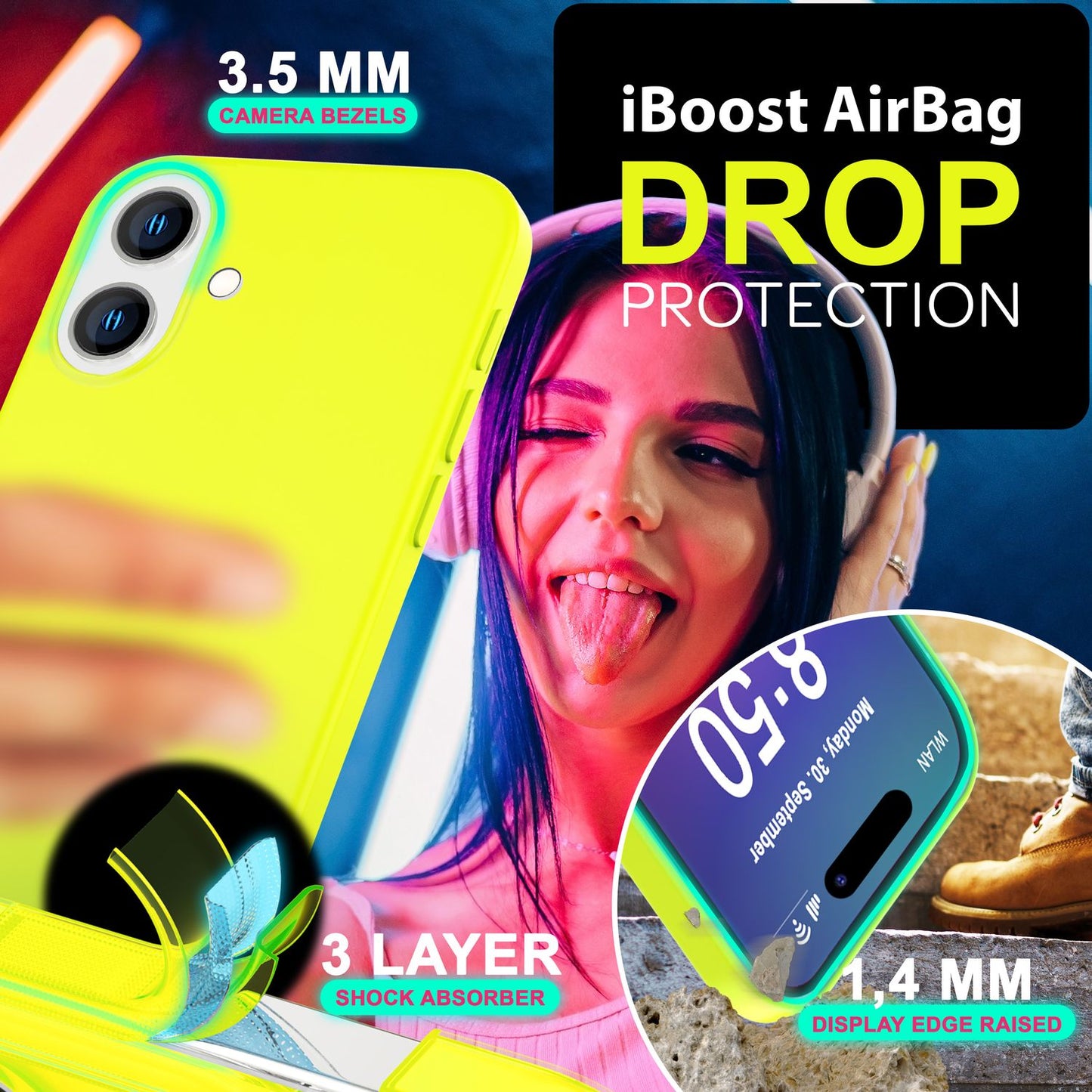 NALIA Neon Silikonhülle für iPhone 16 Plus – Soft-Touch & Signal-Neon – NEONSHOCK (Matte Schutzhülle) – Marke aus Berlin