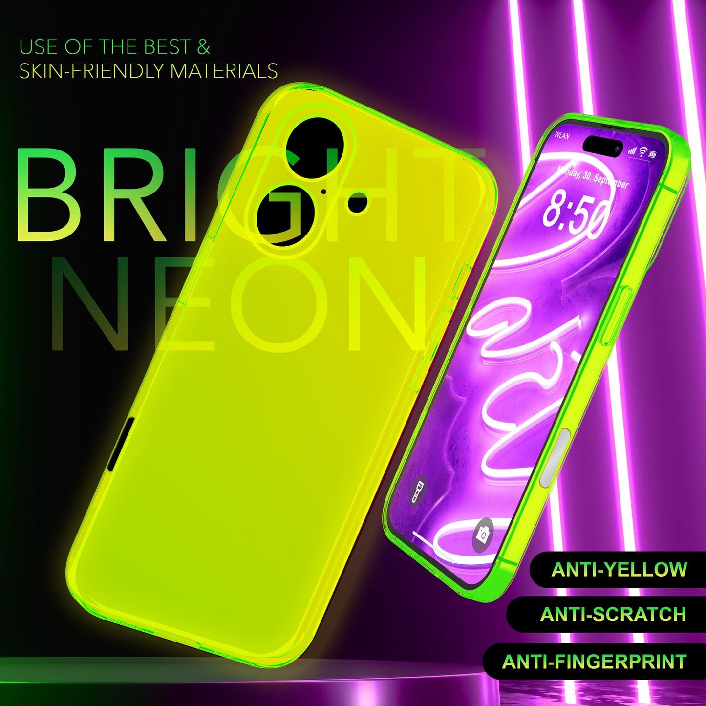 NALIA Neon Silikonhülle für iPhone 16 – Knallige Signal-Farbe & Linsenschutz – VIBE (Transparentes Case) – Marke aus Berlin
