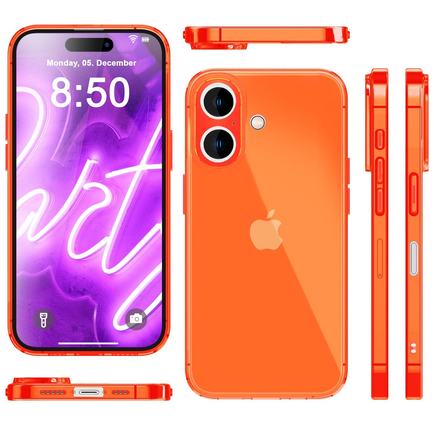 NALIA Neon Silikonhülle für iPhone 16 – Knallige Signal-Farbe & Linsenschutz – VIBE (Transparentes Case) – Marke aus Berlin