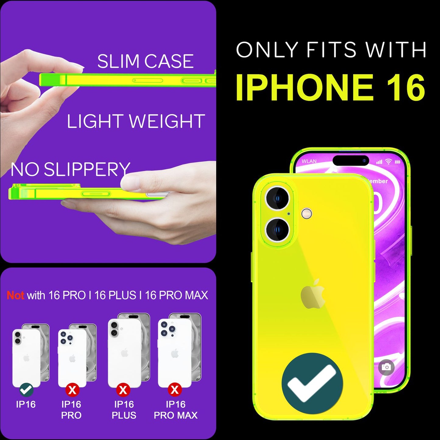 NALIA Neon Silikonhülle für iPhone 16 – Knallige Signal-Farbe & Linsenschutz – VIBE (Transparentes Case) – Marke aus Berlin