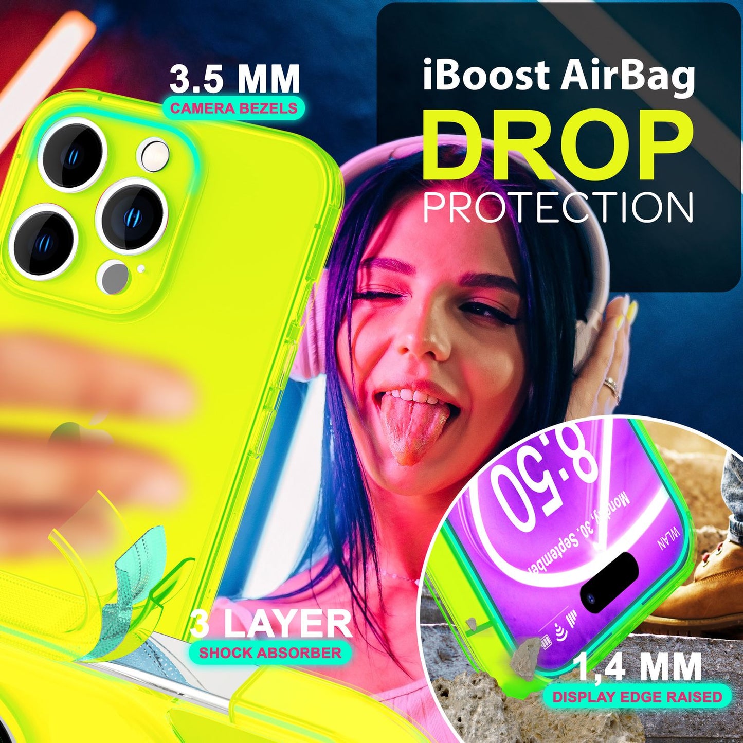 NALIA Neon Silikonhülle für iPhone 16 Pro Max – Knallige Signal-Farbe & Linsenschutz – VIBE (Transparentes Case) – Marke aus Berlin