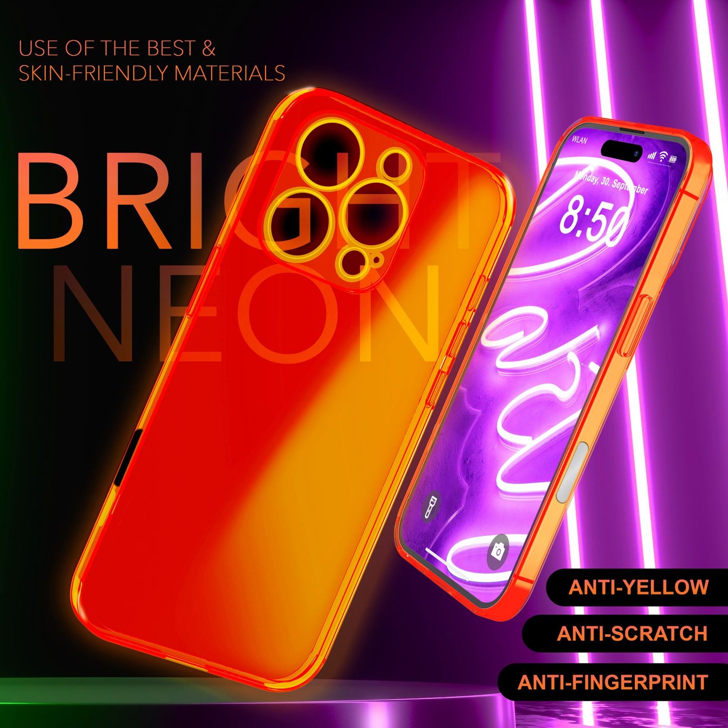 NALIA Neon Silikonhülle für iPhone 16 Pro Max – Knallige Signal-Farbe & Linsenschutz – VIBE (Transparentes Case) – Marke aus Berlin