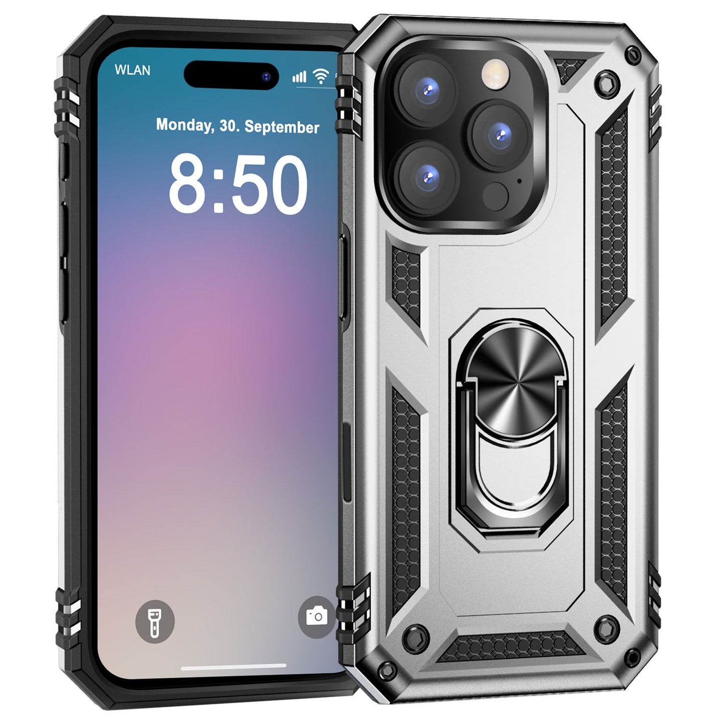 NALIA Panzerhülle für iPhone 16 Pro – Ring-Ständer 360° & Magnet-Halterung Kompatibel – RINGDEFEND (Stoßfestes Outdoor Case) – Marke aus Berlin