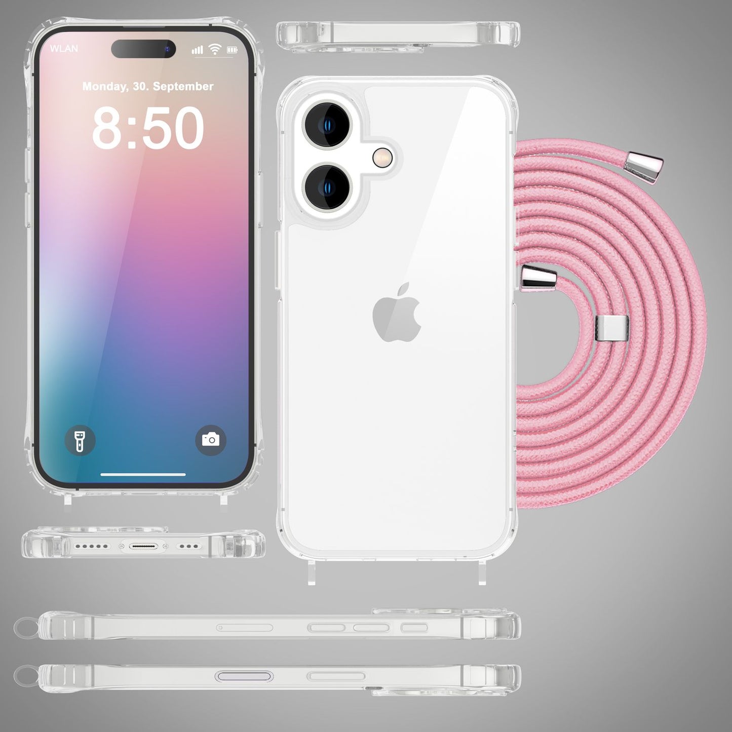 NALIA Handykette für iPhone 16 – Transparentes Hybrid-Case & Band – HANGIT PRO (Anti-Gelb Rückseite & Verstellbar) – Marke aus Berlin