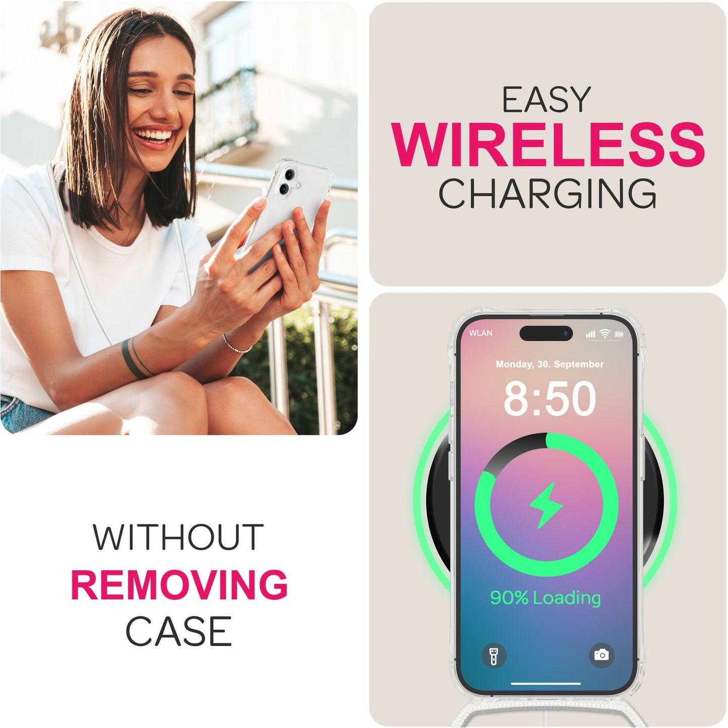 NALIA Handykette für iPhone 16 – Transparentes Hybrid-Case & Band – HANGIT PRO (Anti-Gelb Rückseite & Verstellbar) – Marke aus Berlin