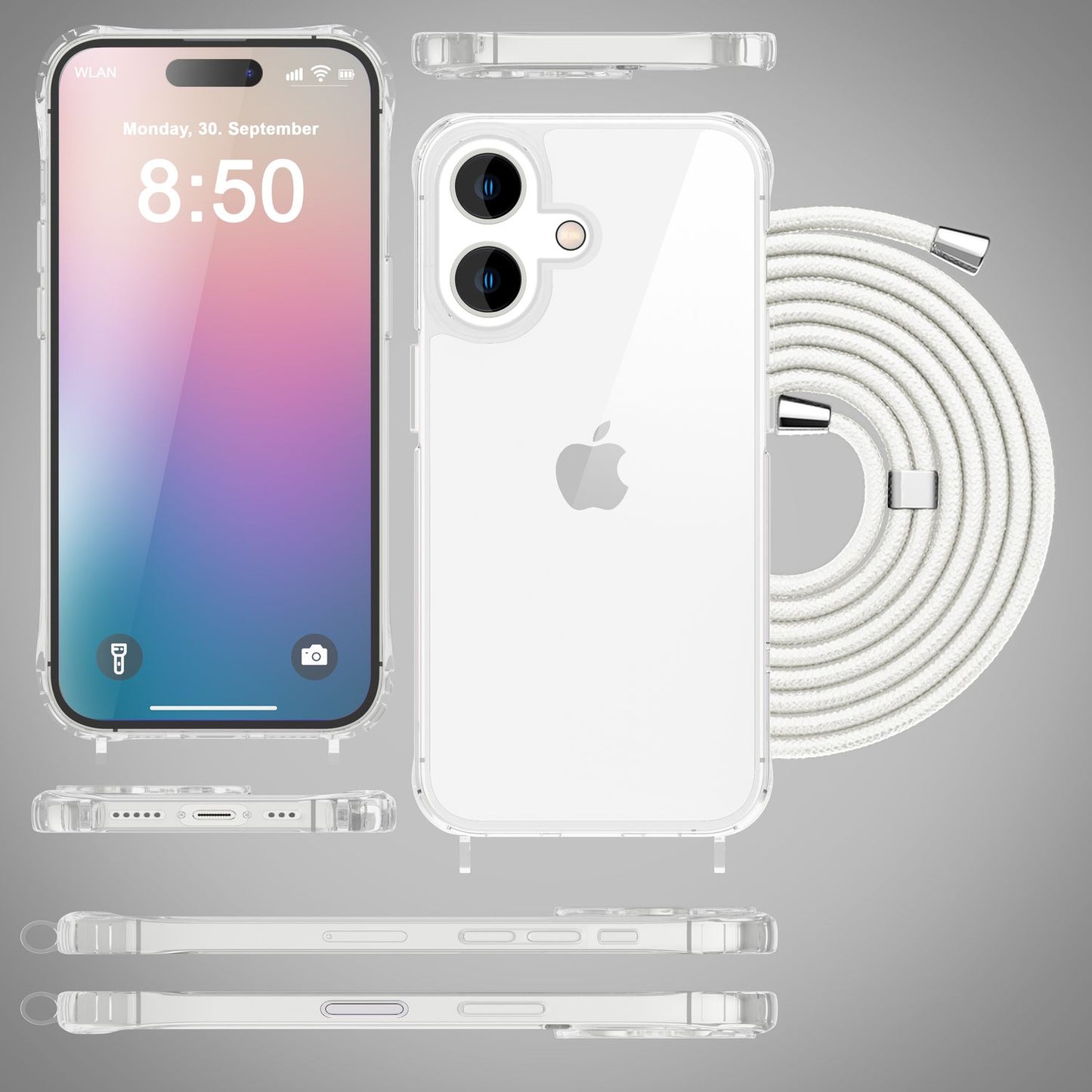 NALIA Handykette für iPhone 16 – Transparentes Hybrid-Case & Band – HANGIT PRO (Anti-Gelb Rückseite & Verstellbar) – Marke aus Berlin