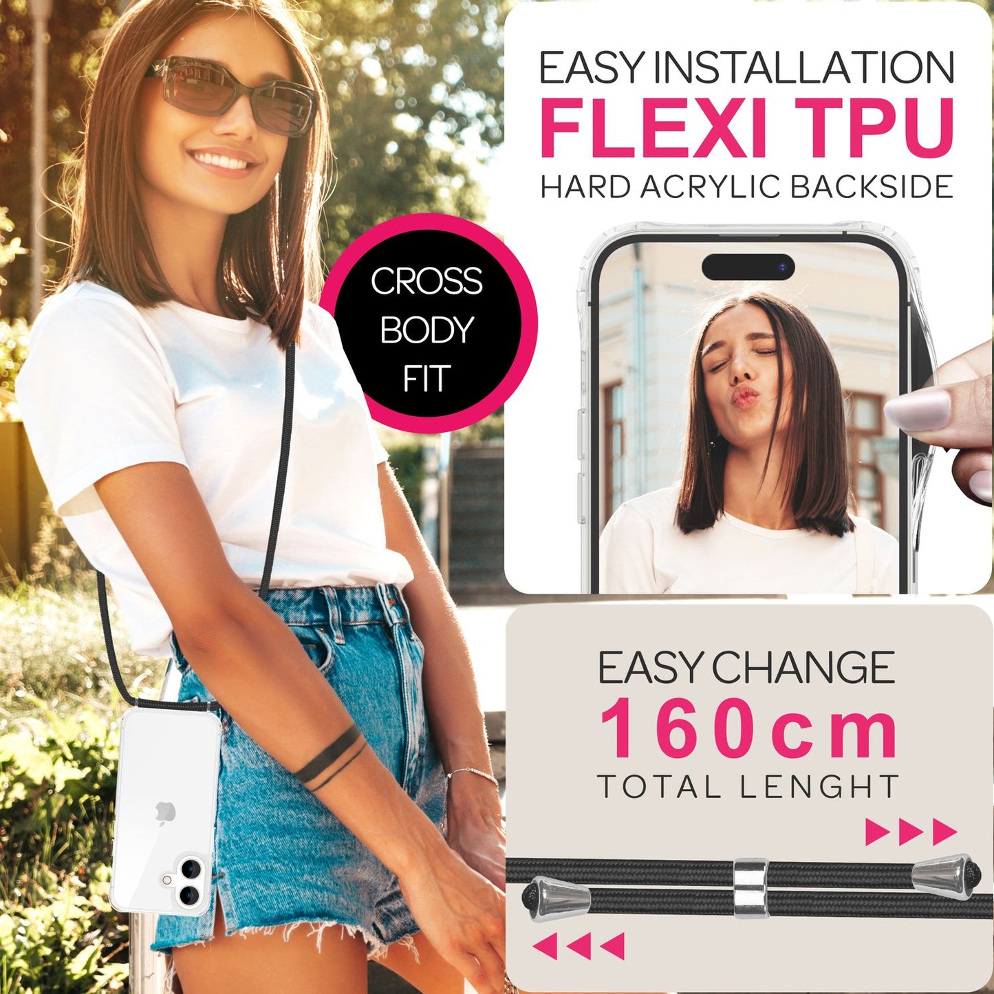 NALIA Handykette für iPhone 16 Plus – Transparentes Hybrid-Case & Band – HANGIT PRO (Anti-Gelb Rückseite & Verstellbar) – Marke aus Berlin