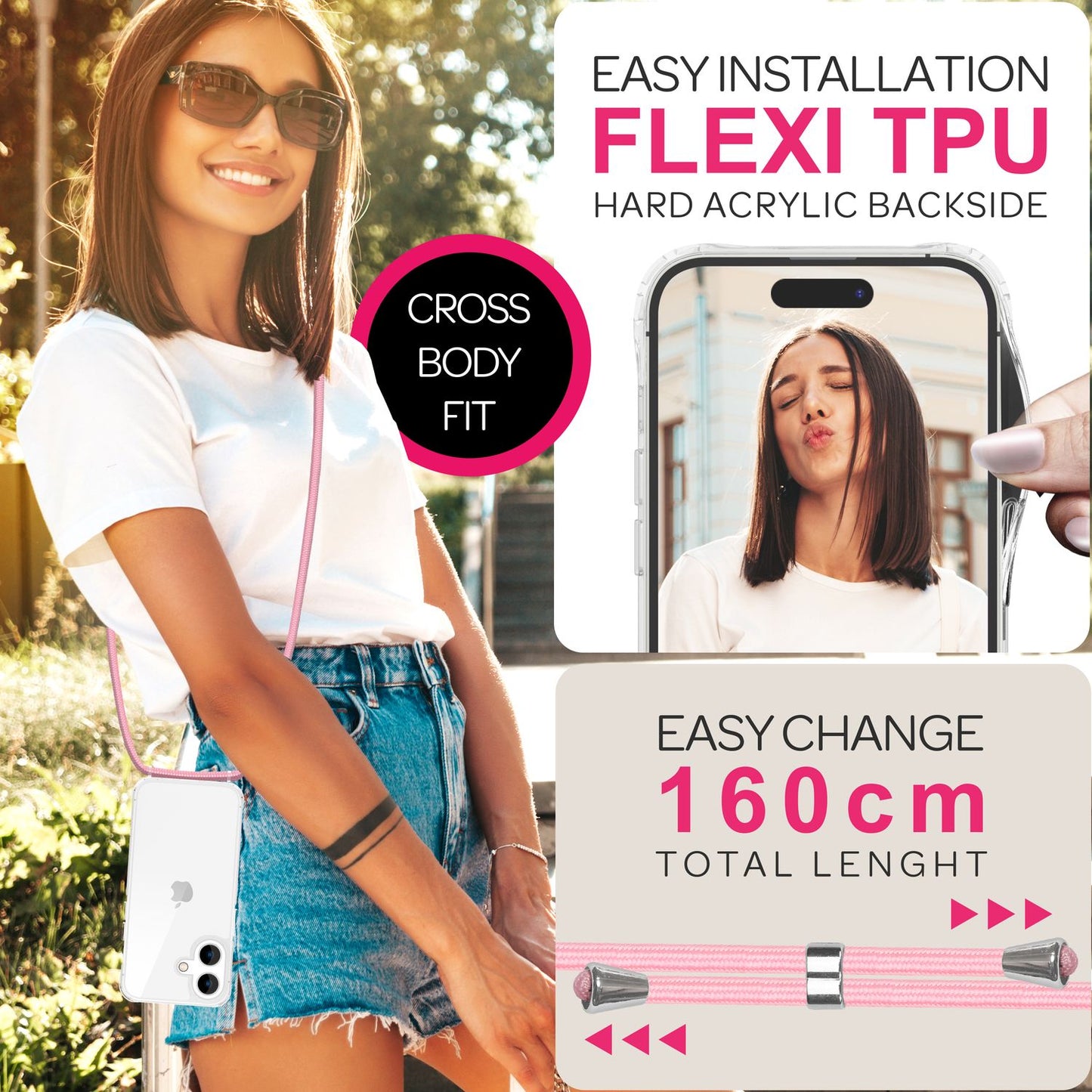 NALIA Handykette für iPhone 16 Plus – Transparentes Hybrid-Case & Band – HANGIT PRO (Anti-Gelb Rückseite & Verstellbar) – Marke aus Berlin