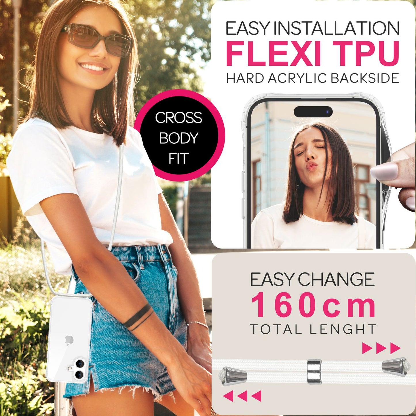 NALIA Handykette für iPhone 16 Plus – Transparentes Hybrid-Case & Band – HANGIT PRO (Anti-Gelb Rückseite & Verstellbar) – Marke aus Berlin