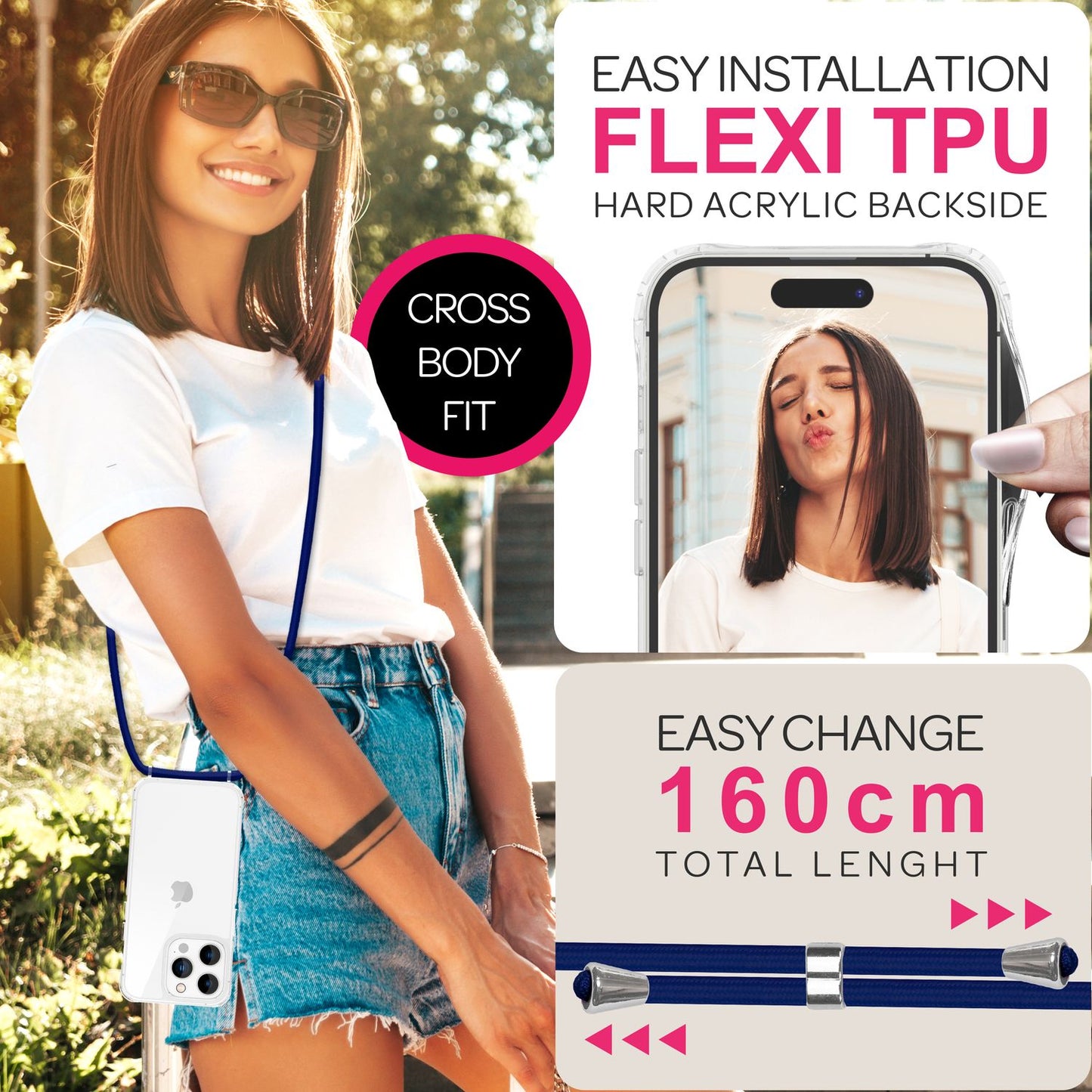 NALIA Handykette für iPhone 16 Pro – Transparentes Hybrid-Case & Band – HANGIT PRO (Anti-Gelb Rückseite & Verstellbar) – Marke aus Berlin