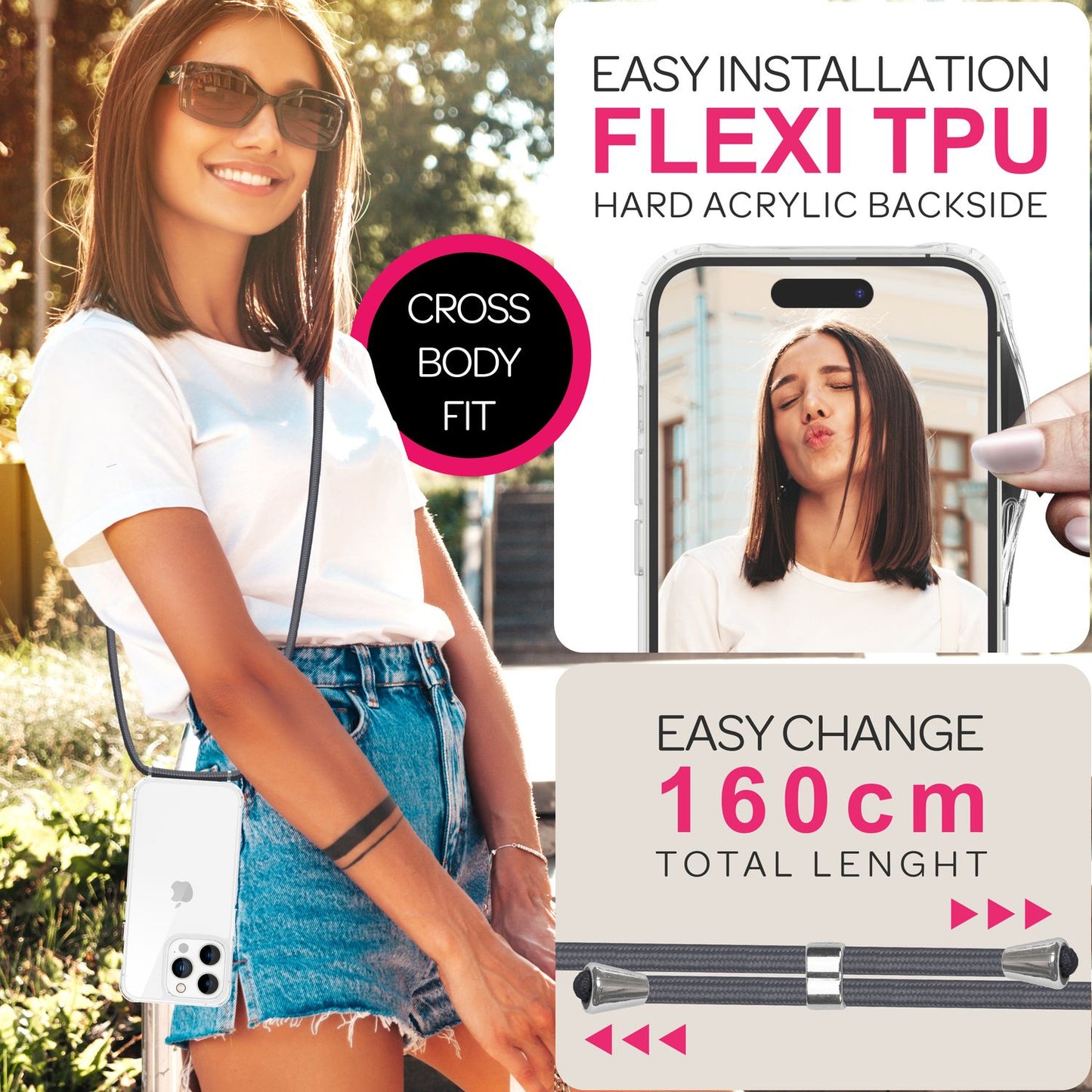 NALIA Handykette für iPhone 16 Pro – Transparentes Hybrid-Case & Band – HANGIT PRO (Anti-Gelb Rückseite & Verstellbar) – Marke aus Berlin