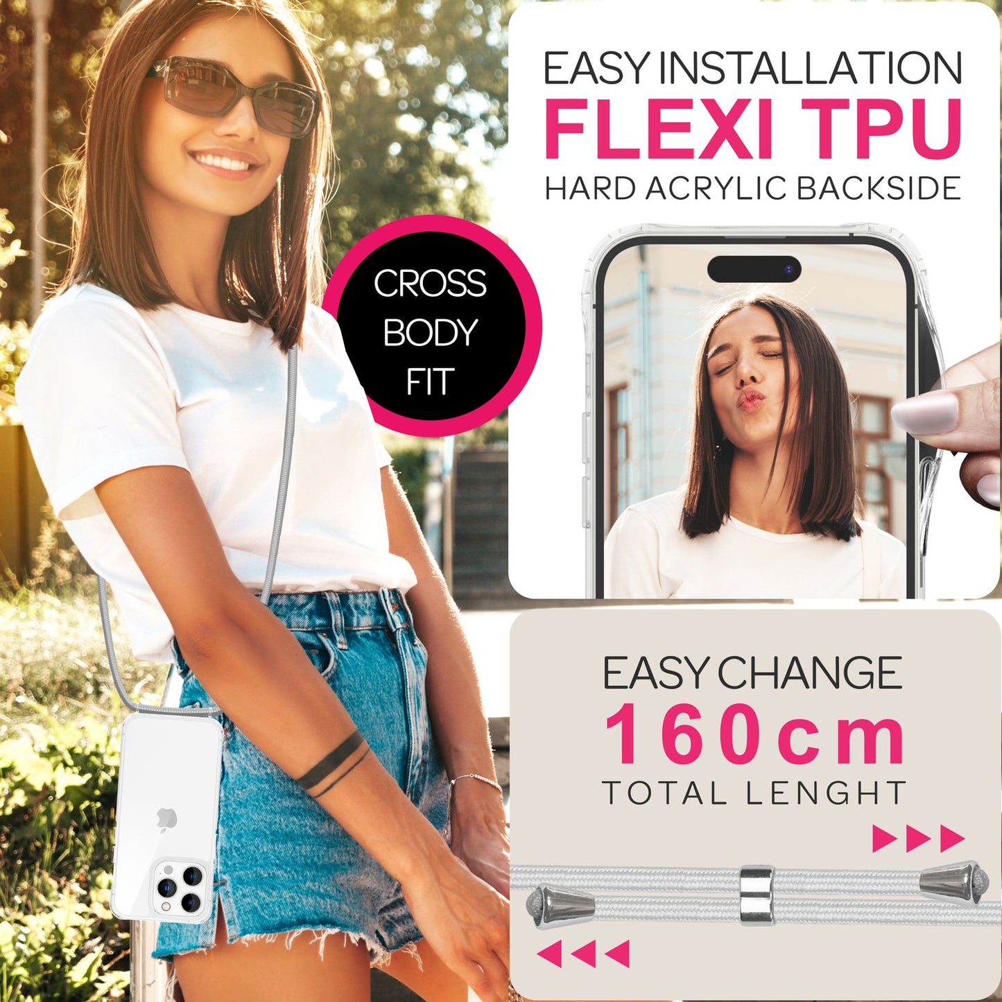 NALIA Handykette für iPhone 16 Pro – Transparentes Hybrid-Case & Band – HANGIT PRO (Anti-Gelb Rückseite & Verstellbar) – Marke aus Berlin
