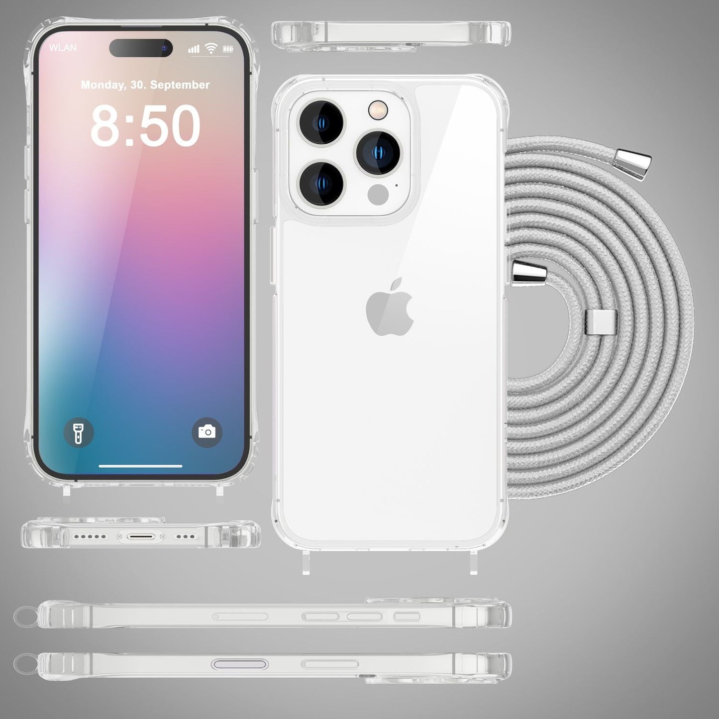 NALIA Handykette für iPhone 16 Pro – Transparentes Hybrid-Case & Band – HANGIT PRO (Anti-Gelb Rückseite & Verstellbar) – Marke aus Berlin