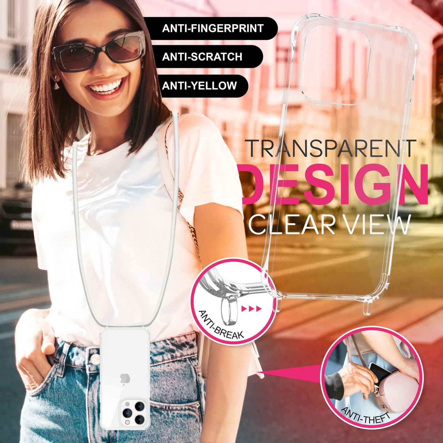 NALIA Handykette für iPhone 16 Pro – Transparentes Hybrid-Case & Band – HANGIT PRO (Anti-Gelb Rückseite & Verstellbar) – Marke aus Berlin