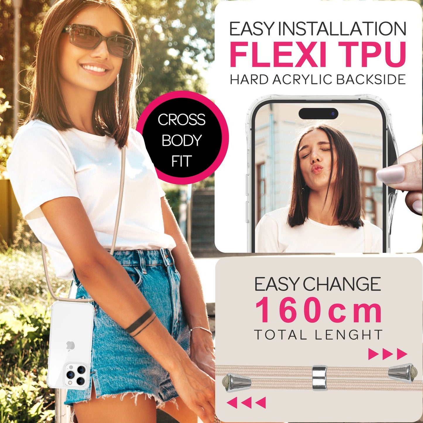 NALIA Handykette für iPhone 16 Pro Max – Transparentes Hybrid-Case & Band – HANGIT PRO (Anti-Gelb Rückseite & Verstellbar) – Marke aus Berlin