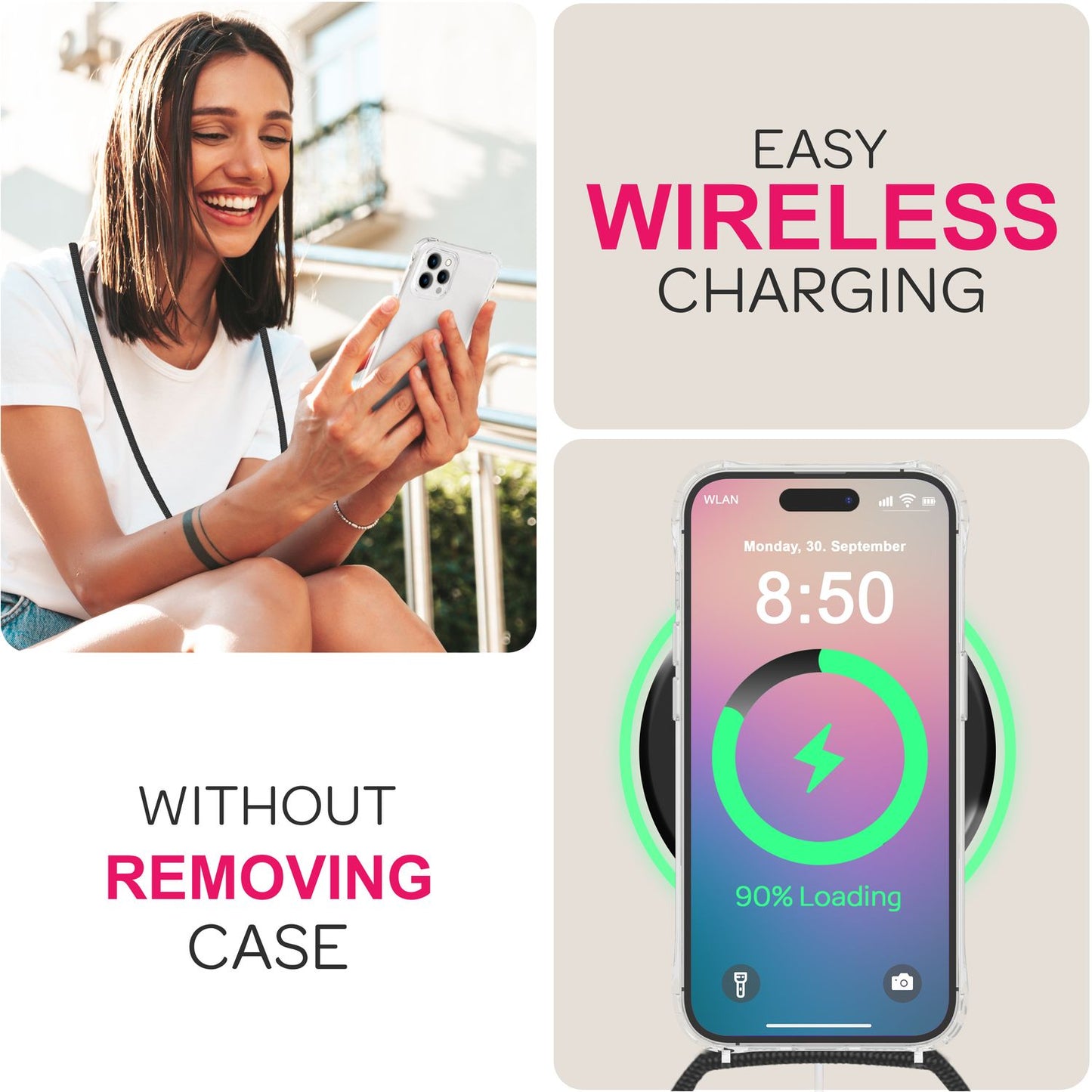 NALIA Handykette für iPhone 16 Pro Max – Transparentes Hybrid-Case & Band – HANGIT PRO (Anti-Gelb Rückseite & Verstellbar) – Marke aus Berlin