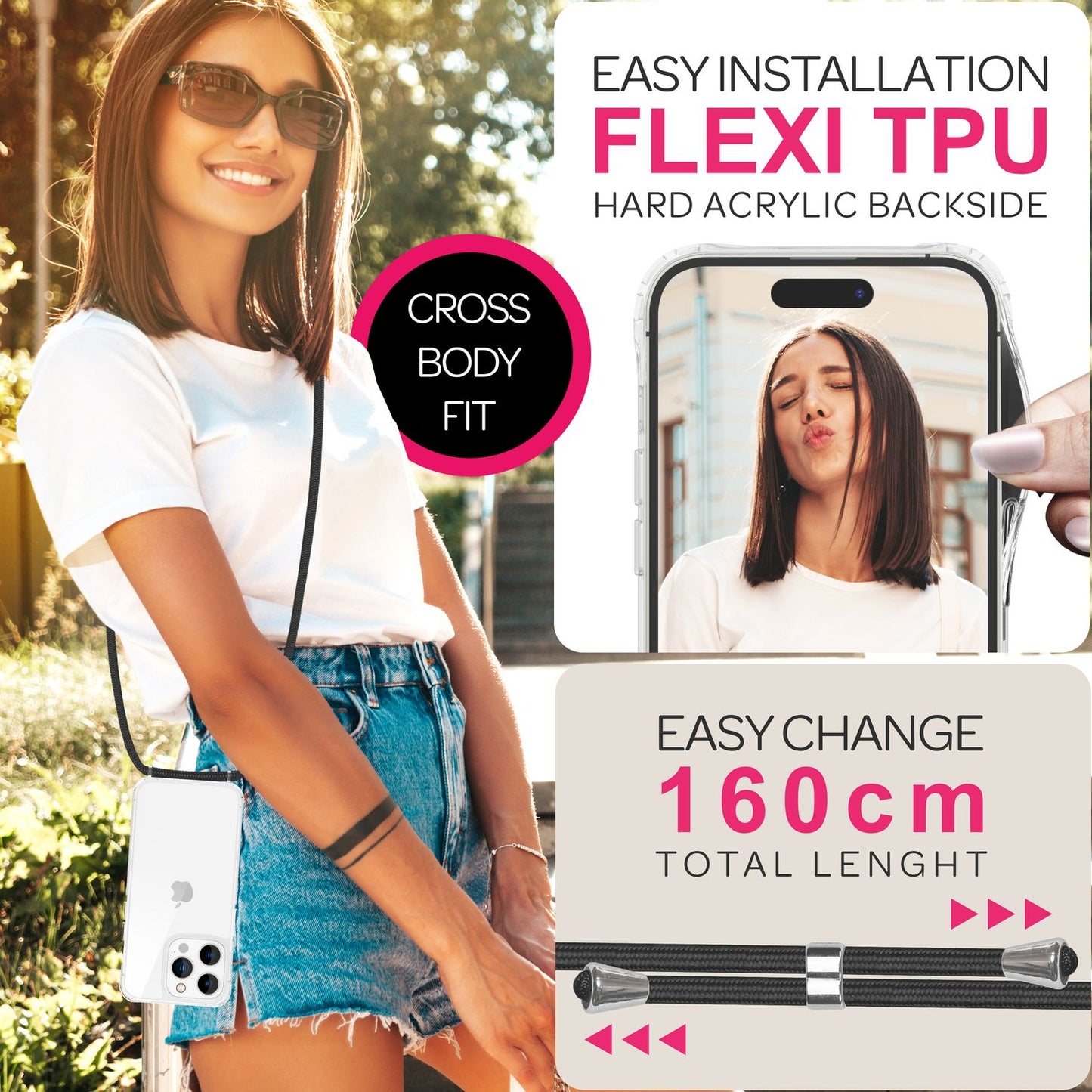 NALIA Handykette für iPhone 16 Pro Max – Transparentes Hybrid-Case & Band – HANGIT PRO (Anti-Gelb Rückseite & Verstellbar) – Marke aus Berlin