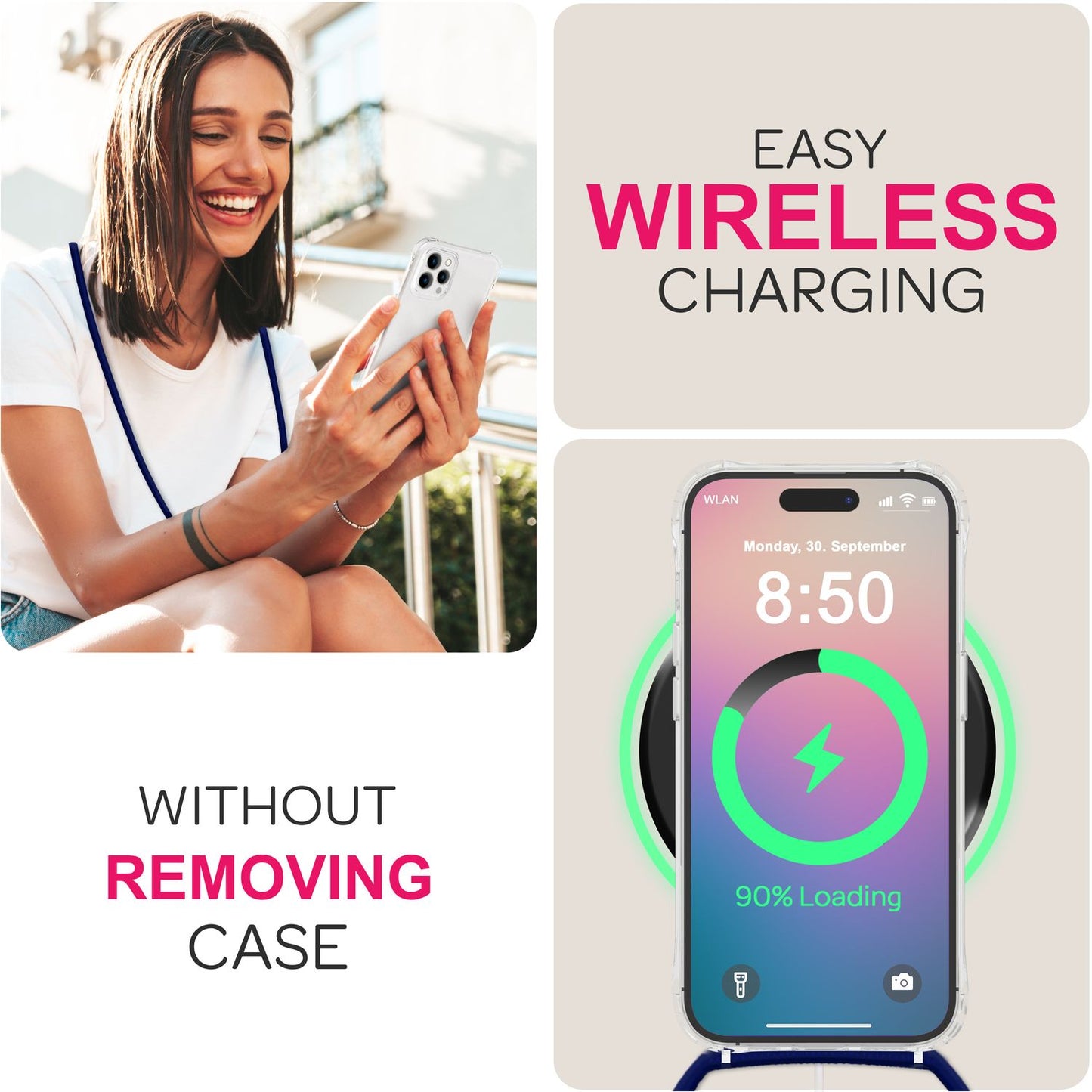 NALIA Handykette für iPhone 16 Pro Max – Transparentes Hybrid-Case & Band – HANGIT PRO (Anti-Gelb Rückseite & Verstellbar) – Marke aus Berlin