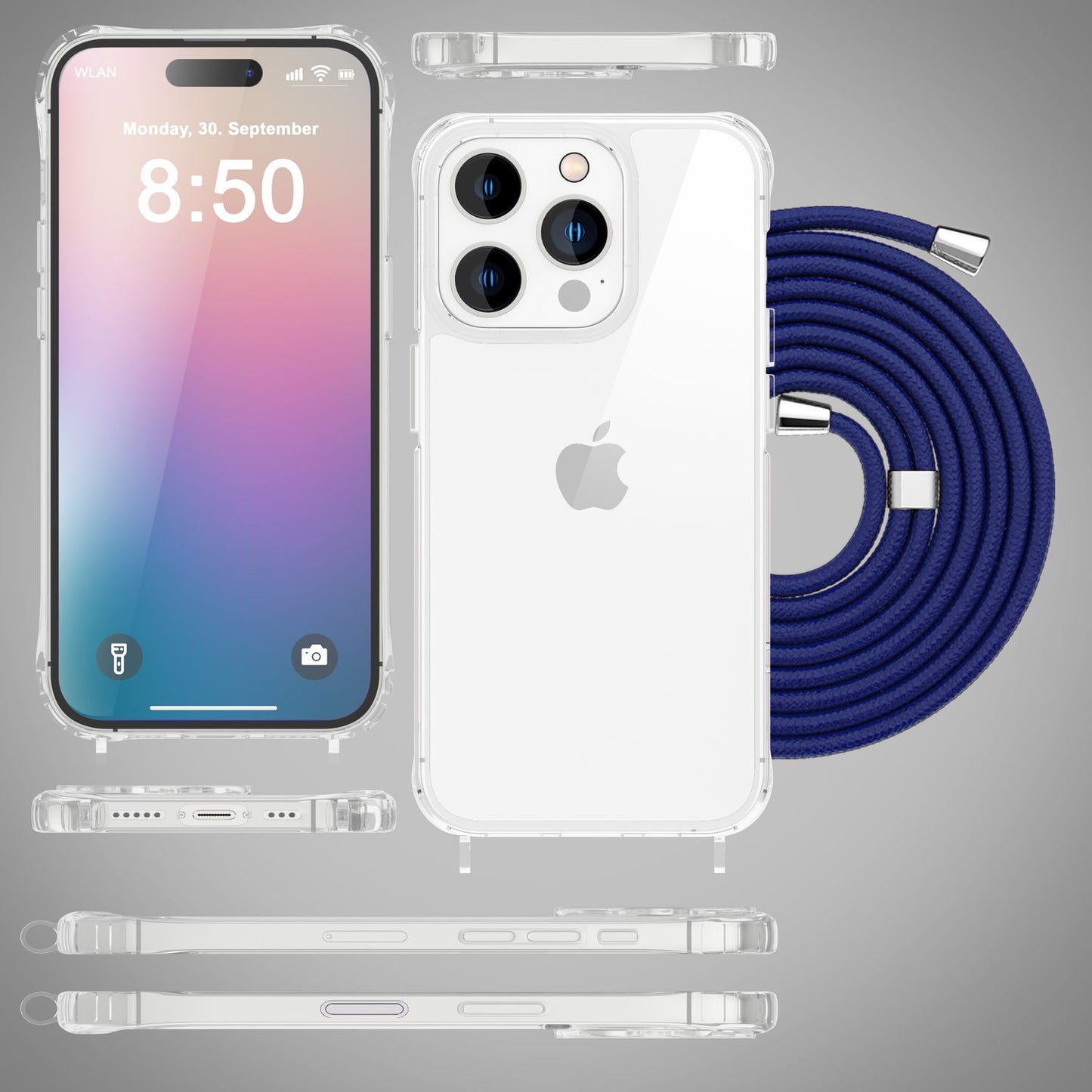 NALIA Handykette für iPhone 16 Pro Max – Transparentes Hybrid-Case & Band – HANGIT PRO (Anti-Gelb Rückseite & Verstellbar) – Marke aus Berlin