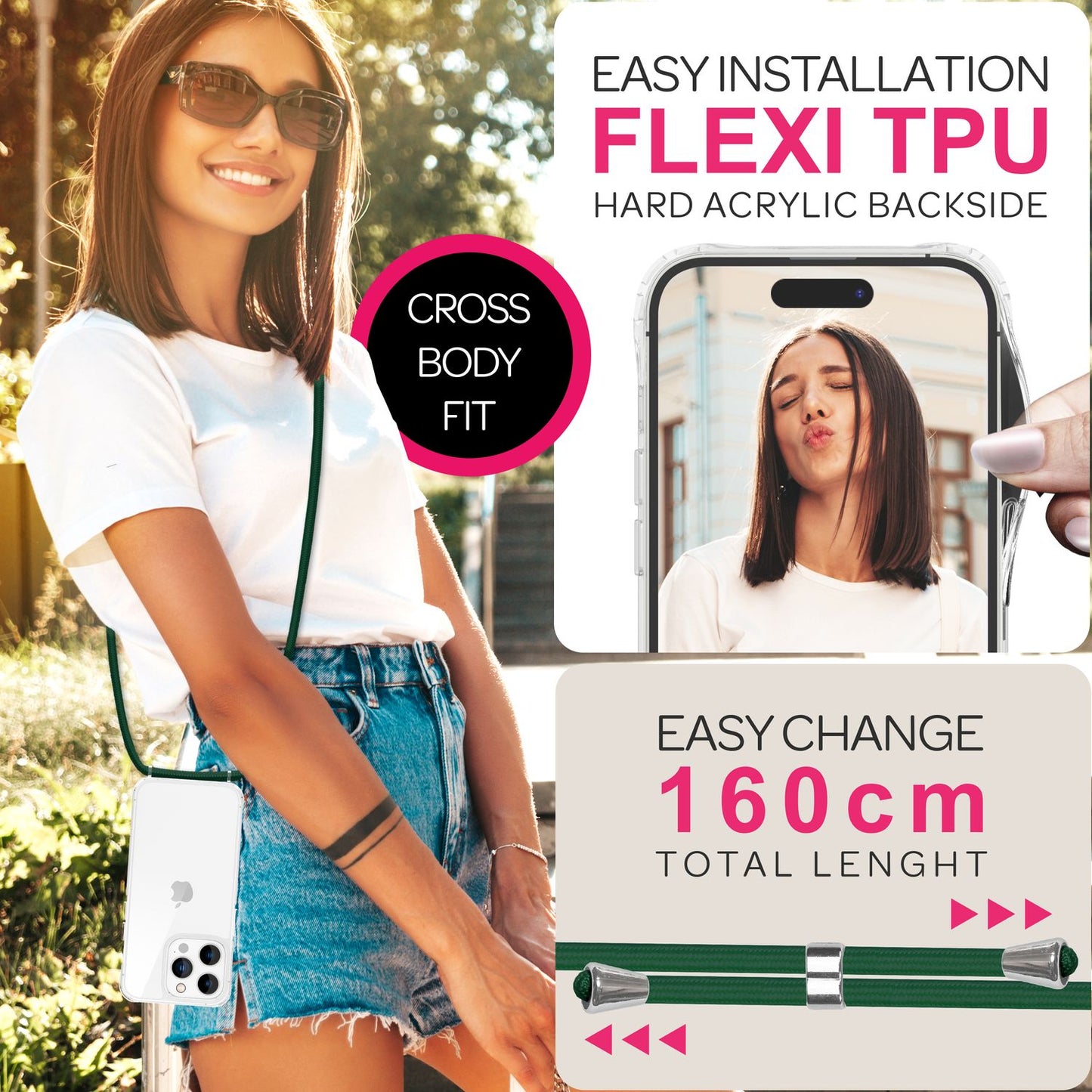 NALIA Handykette für iPhone 16 Pro Max – Transparentes Hybrid-Case & Band – HANGIT PRO (Anti-Gelb Rückseite & Verstellbar) – Marke aus Berlin