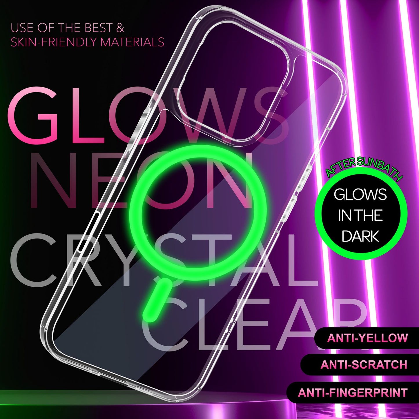 NALIA Neon-Ring Case für iPhone 16 Pro Max – MagSafe Kompatibel & Nachleuchtend – NIGHT-GLOW (Transparent & Anti-Gelb) – Marke aus Berlin