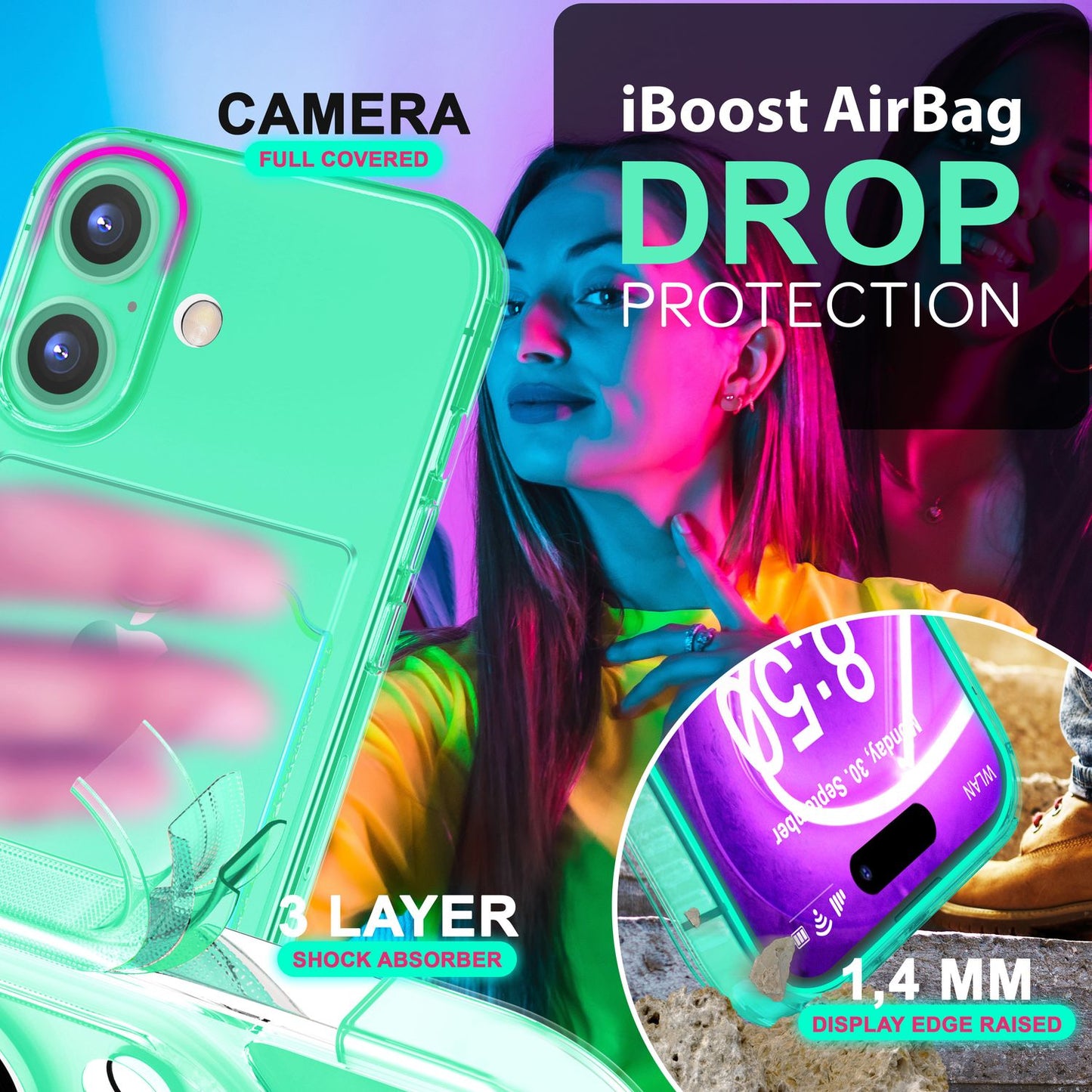 NALIA Neon Silikonhülle für iPhone 16 – Kartenfach & Knallige Signal-Farbe – CARDPOP (Anti-Shock Handyhülle) – Marke aus Berlin