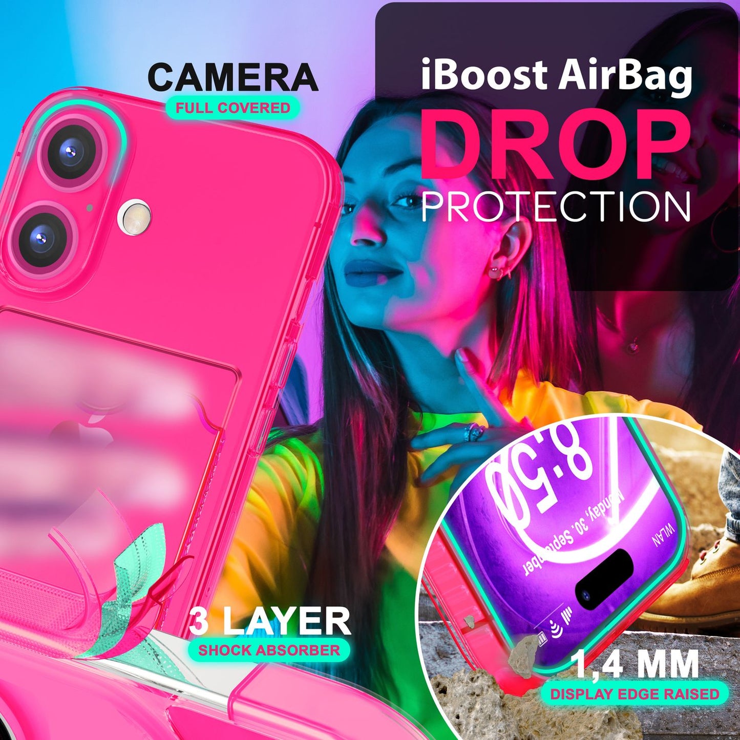NALIA Neon Silikonhülle für iPhone 16 – Kartenfach & Knallige Signal-Farbe – CARDPOP (Anti-Shock Handyhülle) – Marke aus Berlin