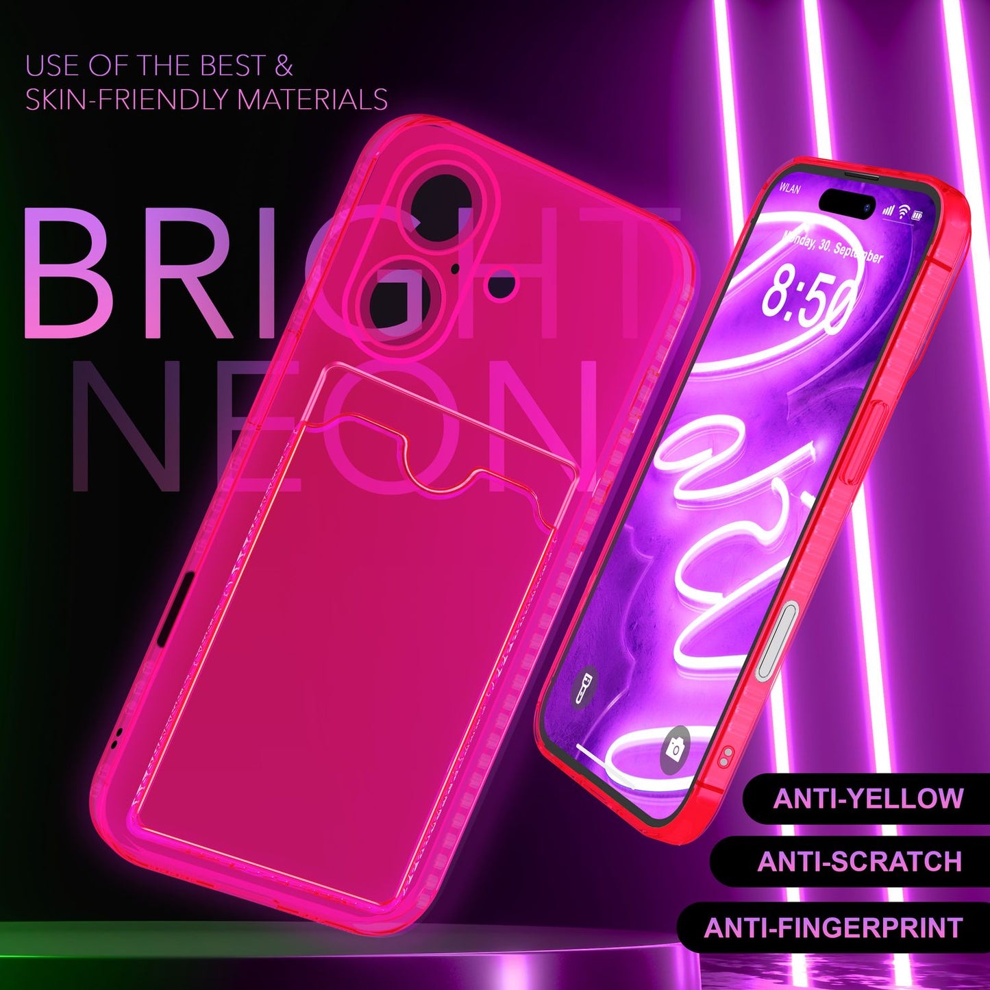 NALIA Neon Silikonhülle für iPhone 16 – Kartenfach & Knallige Signal-Farbe – CARDPOP (Anti-Shock Handyhülle) – Marke aus Berlin