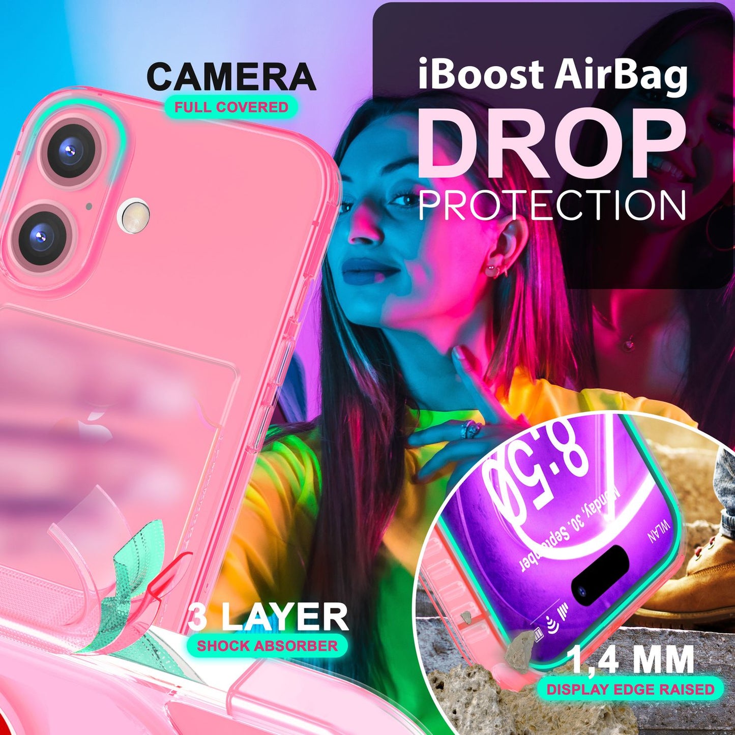 NALIA Neon Silikonhülle für iPhone 16 – Kartenfach & Knallige Signal-Farbe – CARDPOP (Anti-Shock Handyhülle) – Marke aus Berlin