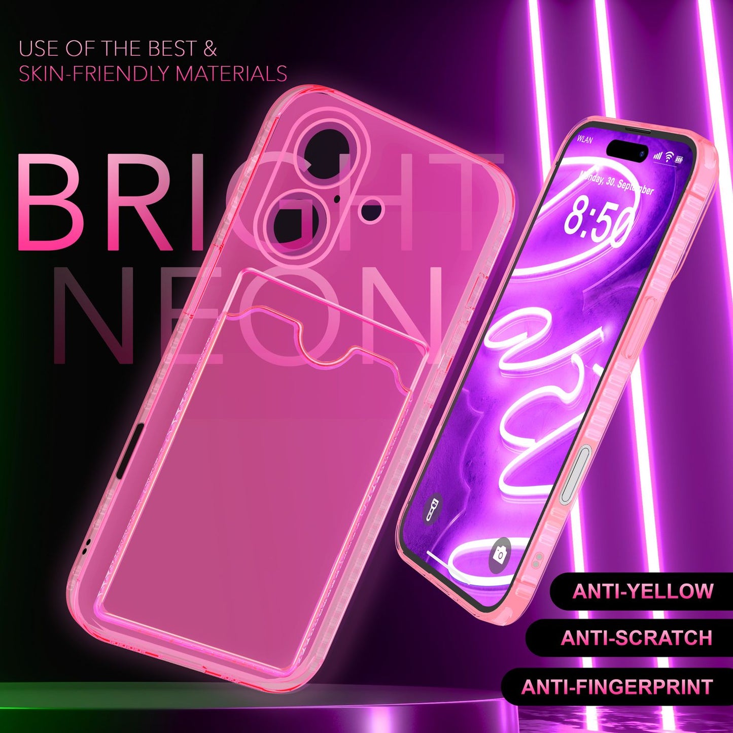 NALIA Neon Silikonhülle für iPhone 16 – Kartenfach & Knallige Signal-Farbe – CARDPOP (Anti-Shock Handyhülle) – Marke aus Berlin