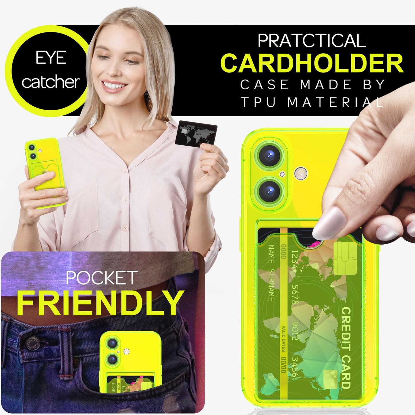 NALIA Neon Silikonhülle für iPhone 16 – Kartenfach & Knallige Signal-Farbe – CARDPOP (Anti-Shock Handyhülle) – Marke aus Berlin