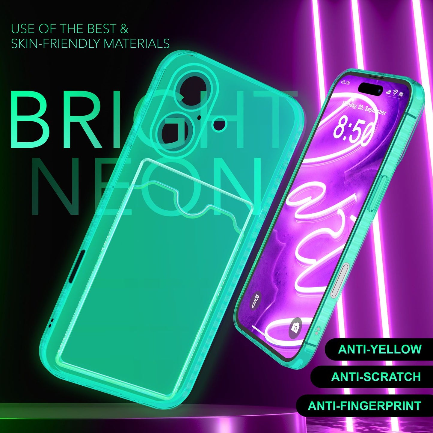 NALIA Neon Silikonhülle für iPhone 16 Plus – Kartenfach & Knallige Signal-Farbe – CARDPOP (Anti-Shock Handyhülle) – Marke aus Berlin