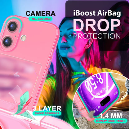NALIA Neon Silikonhülle für iPhone 16 Plus – Kartenfach & Knallige Signal-Farbe – CARDPOP (Anti-Shock Handyhülle) – Marke aus Berlin