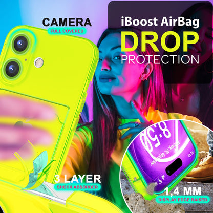 NALIA Neon Silikonhülle für iPhone 16 Plus – Kartenfach & Knallige Signal-Farbe – CARDPOP (Anti-Shock Handyhülle) – Marke aus Berlin
