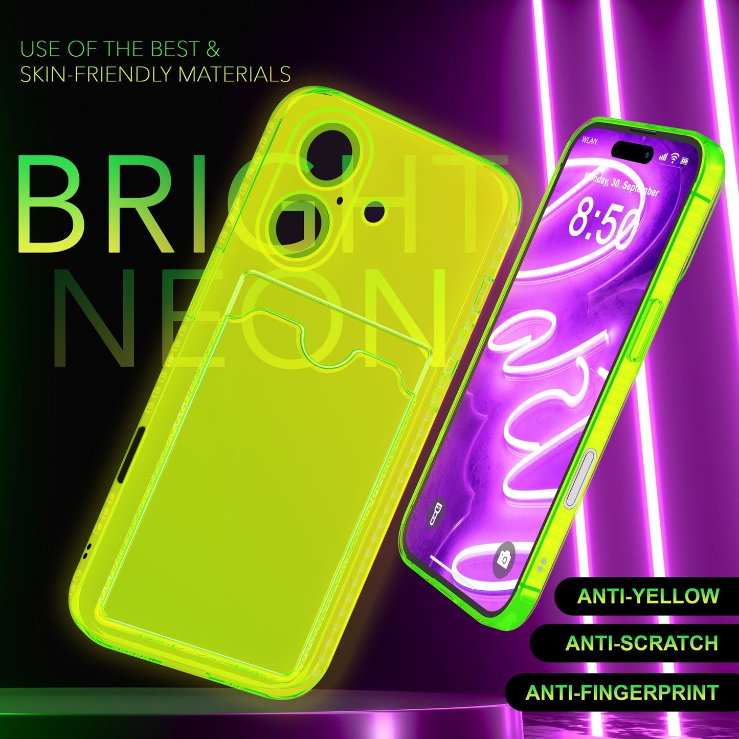 NALIA Neon Silikonhülle für iPhone 16 Plus – Kartenfach & Knallige Signal-Farbe – CARDPOP (Anti-Shock Handyhülle) – Marke aus Berlin